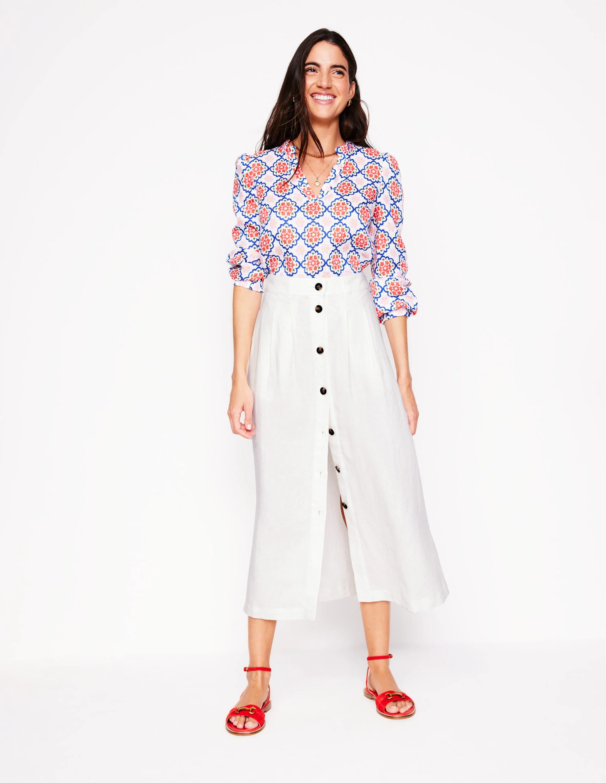 Thomasina Linen Midi Skirt-White