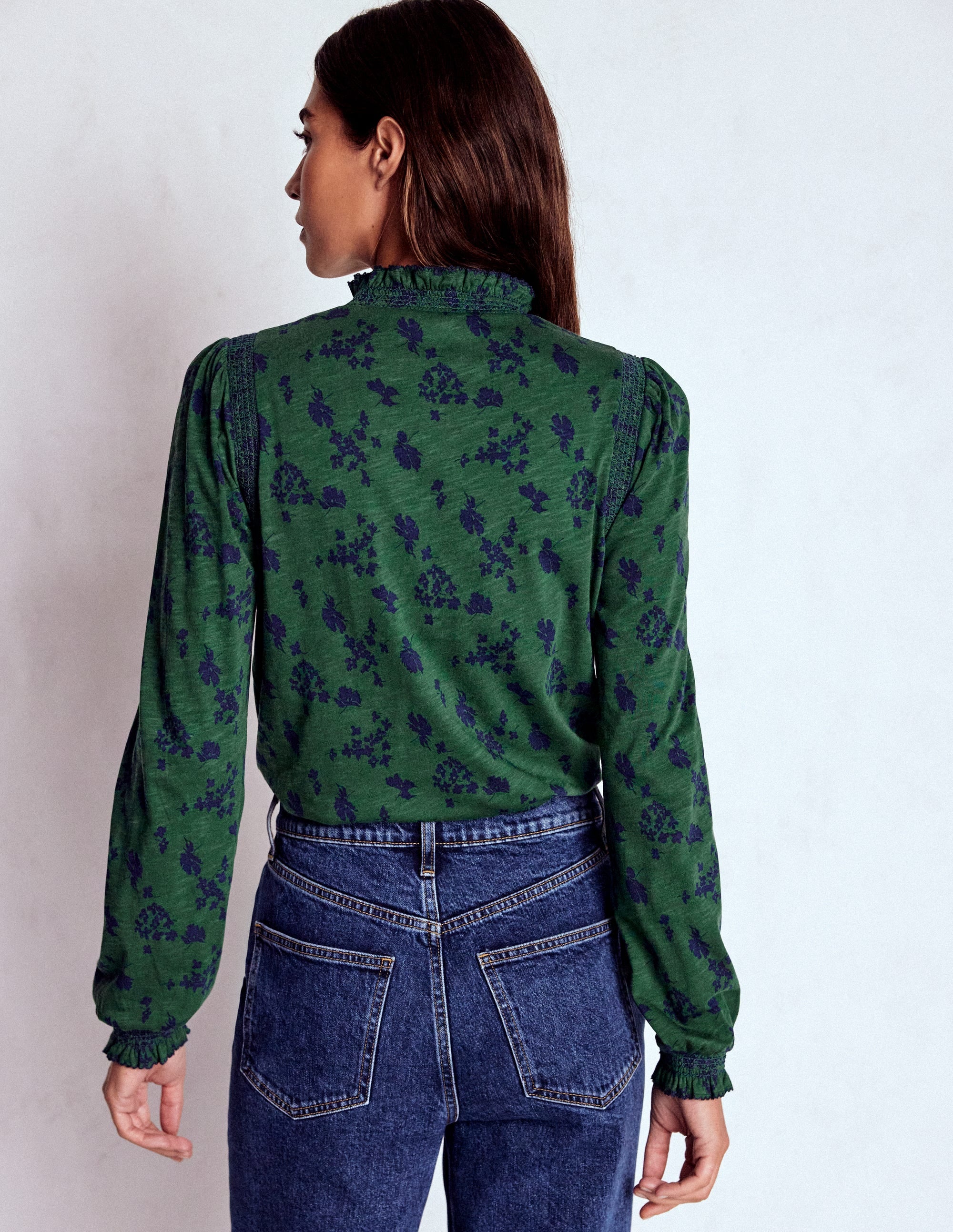 Tia Smocked Neck Jersey Top-Dark Green, Dainty Meadow - Image 3