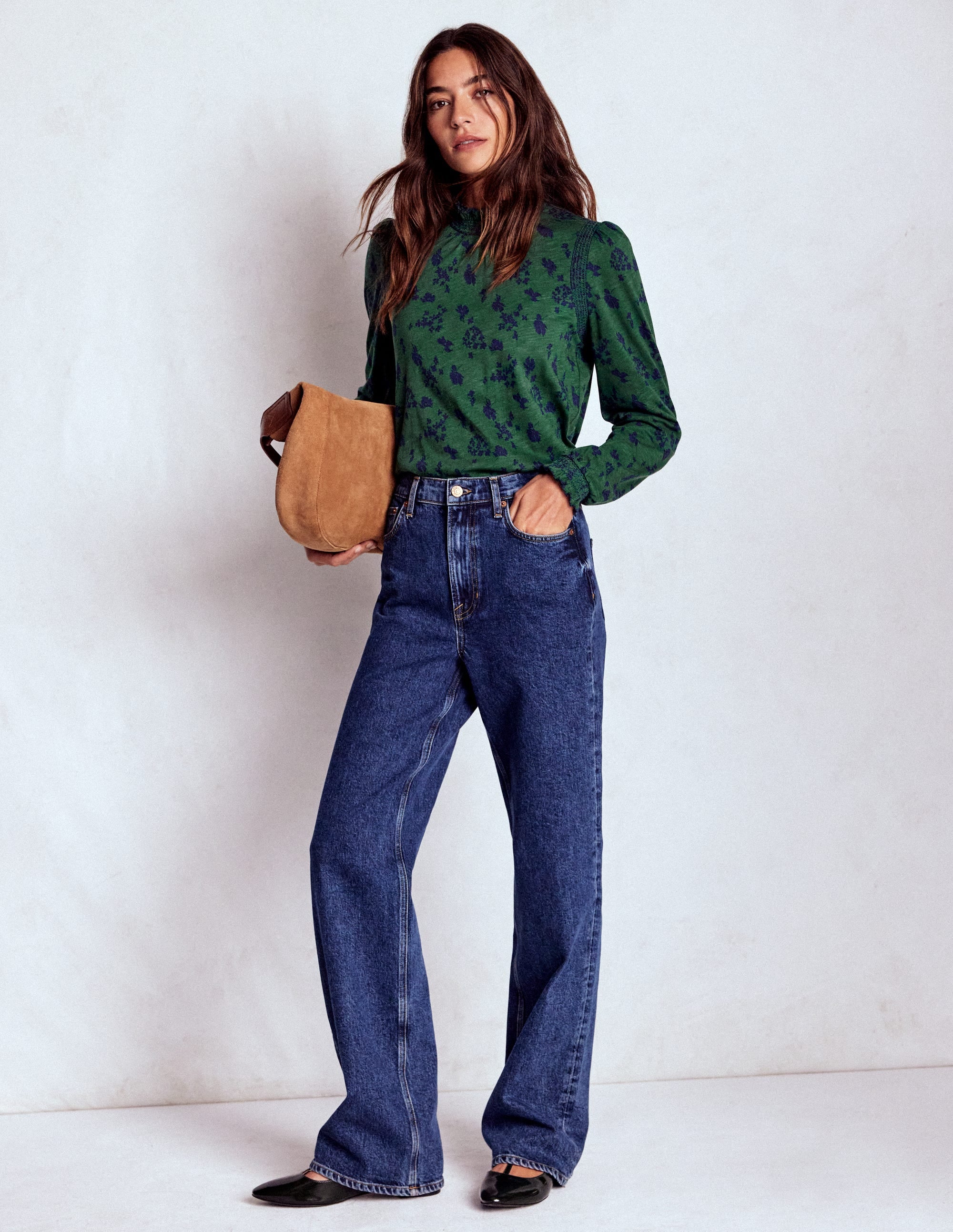 Tia Smocked Neck Jersey Top-Dark Green, Dainty Meadow - Image 4