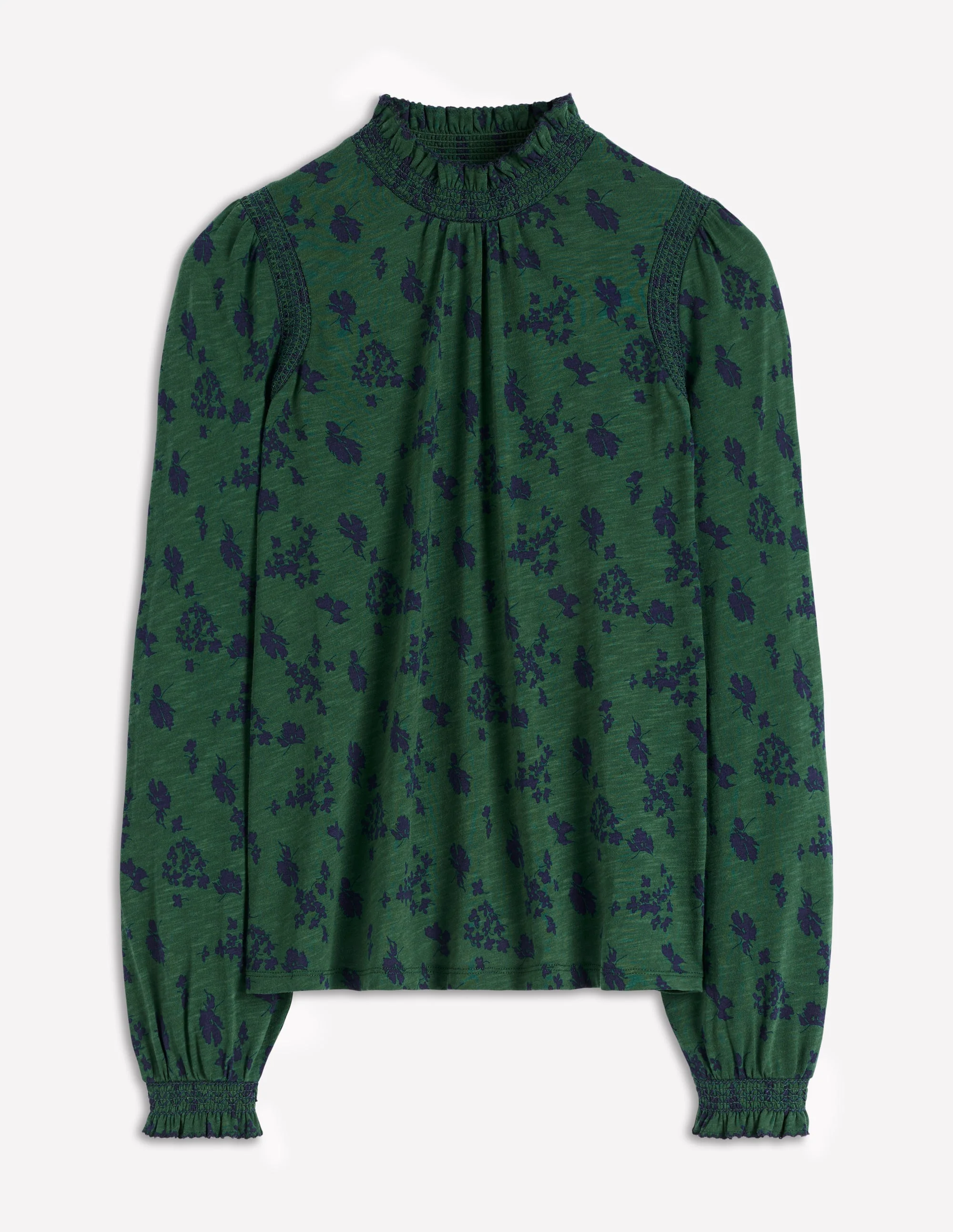 Tia Smocked Neck Jersey Top-Dark Green, Dainty Meadow - Image 5