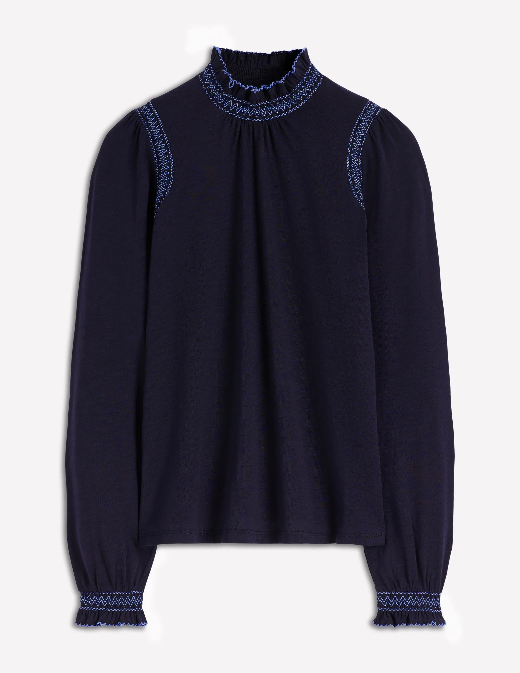 Tia Smocked Neck Jersey Top-Navy - Image 6
