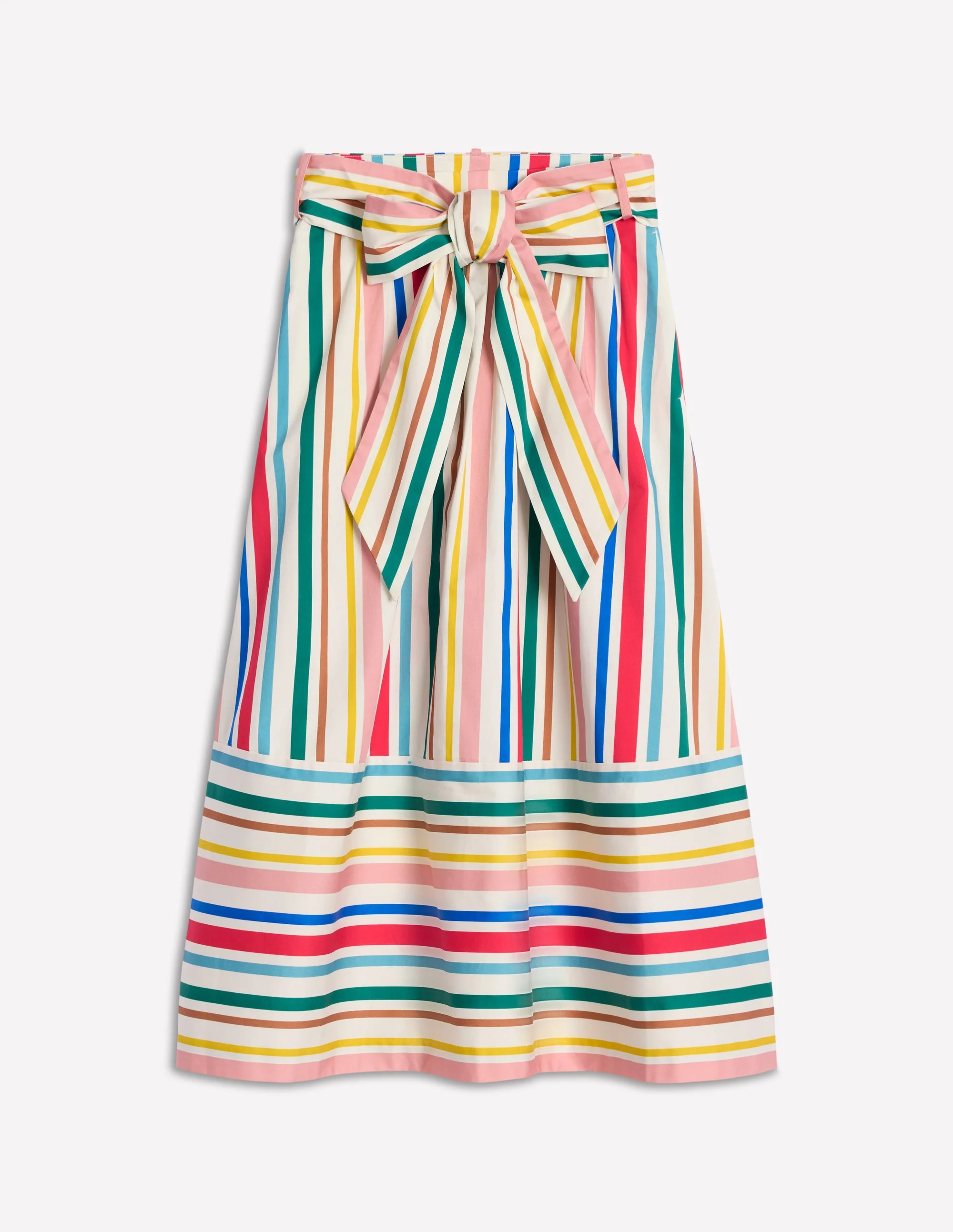 Tie Belt Sateen Midi Skirt-Ivory Varigated Rainbow Stripe - Image 7