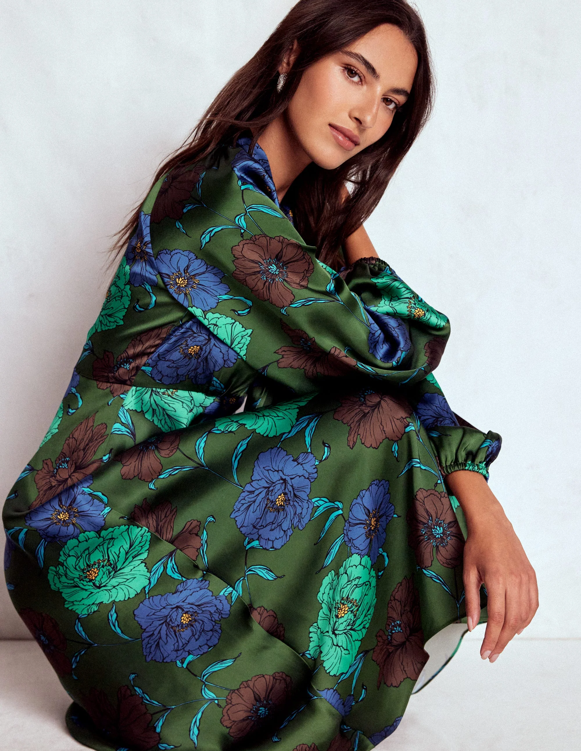 Tie Neck Satin Midi Dress-Green Fir, Peony Bloom