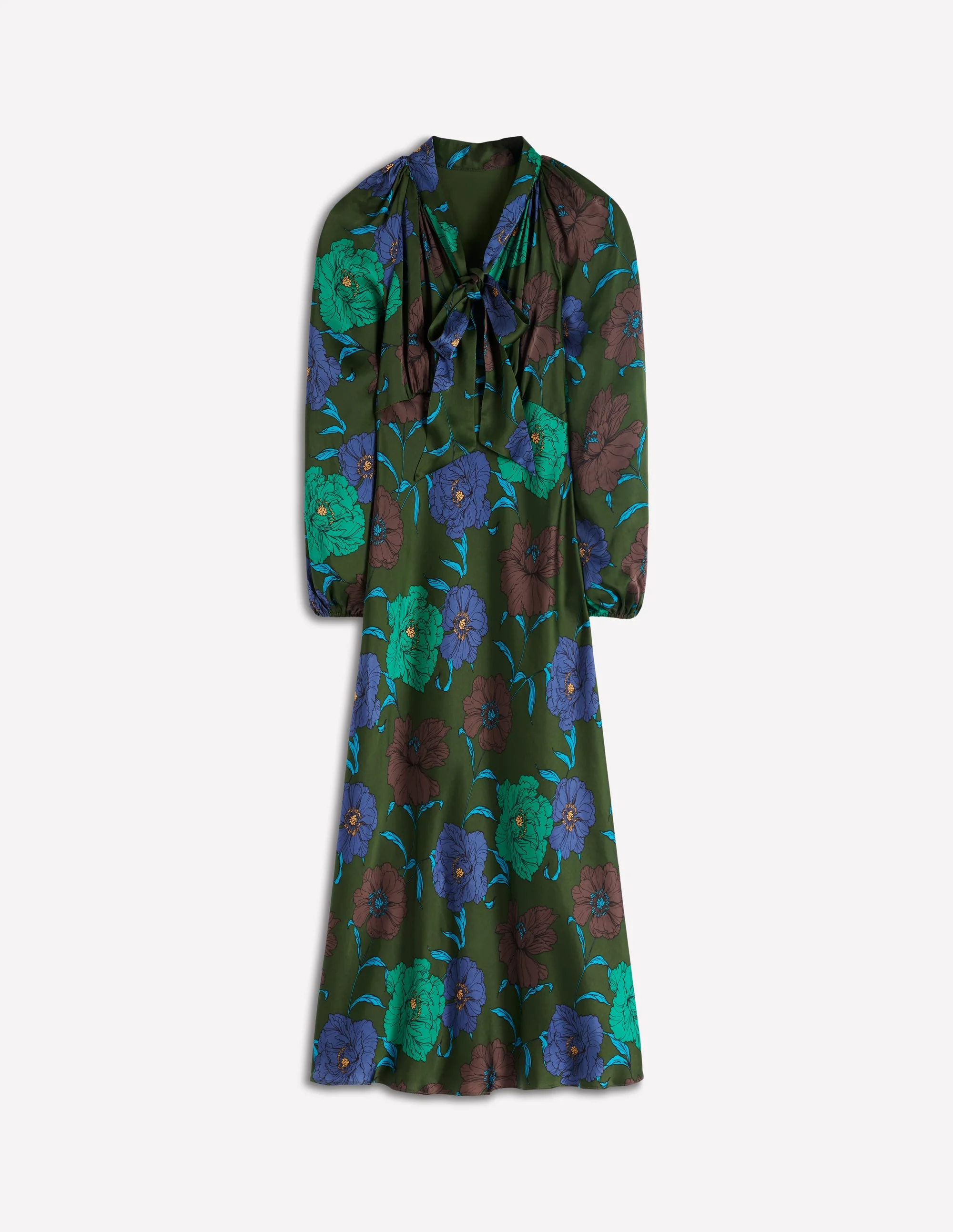 Tie Neck Satin Midi Dress-Green Fir, Peony Bloom - Image 7