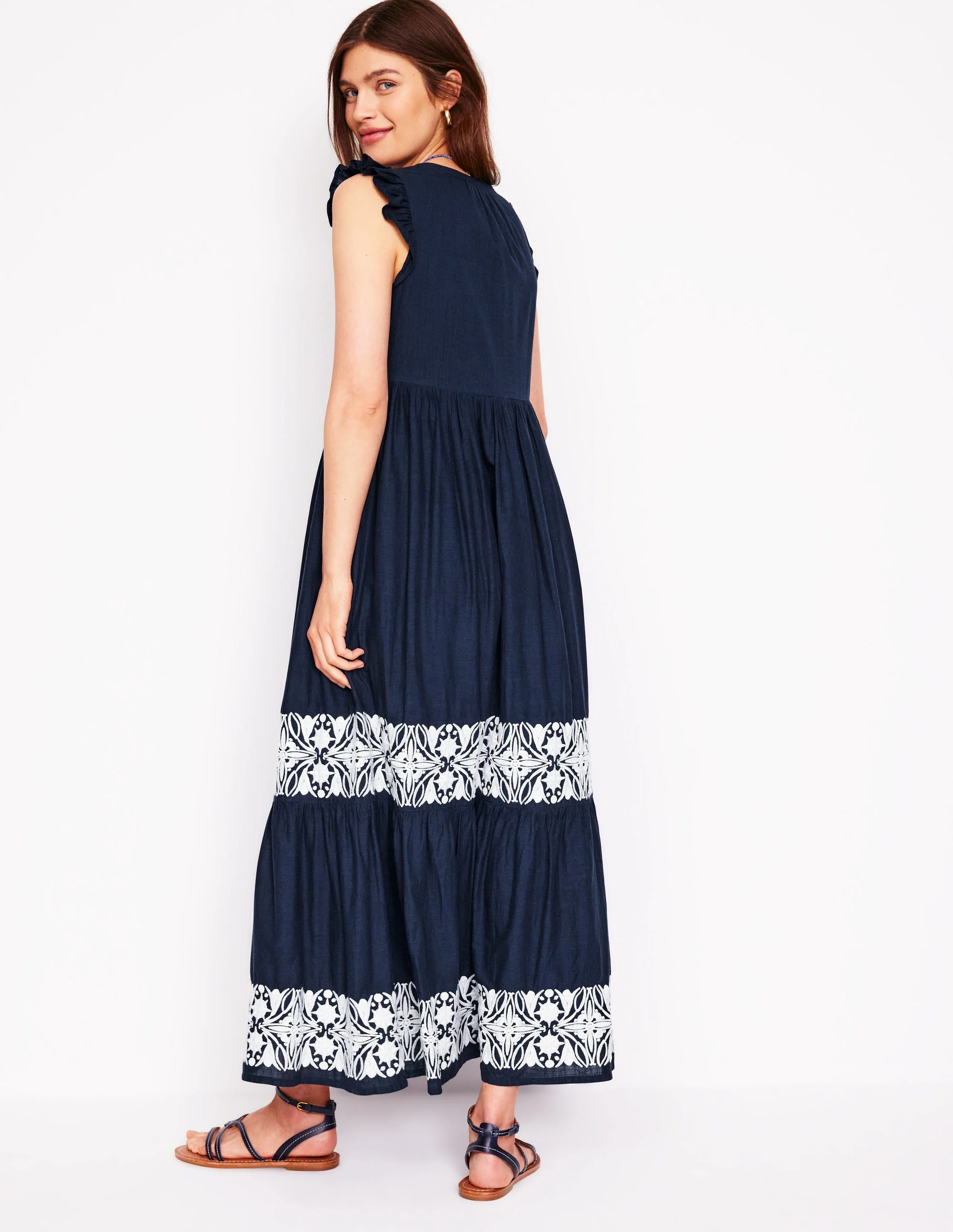 Tie Neck Tier Dress-Navy - Image 3