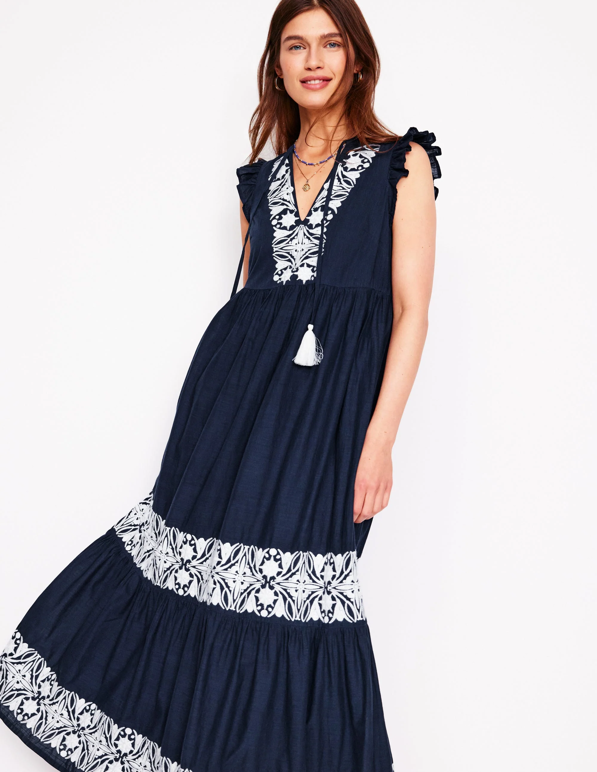 Tie Neck Tier Dress-Navy - Image 4