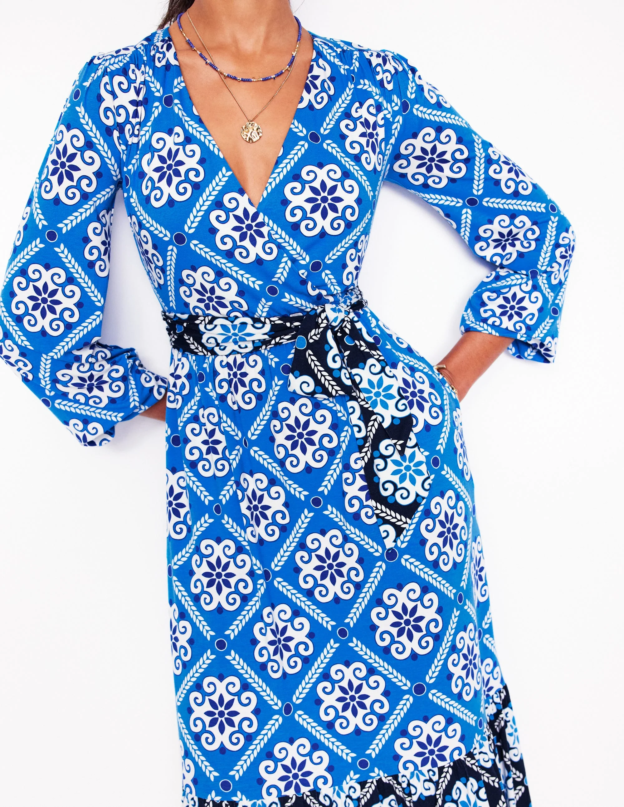 Tie Wrap Tier Maxi Dress-Cerulean Blue, Baroque Tile - Image 2