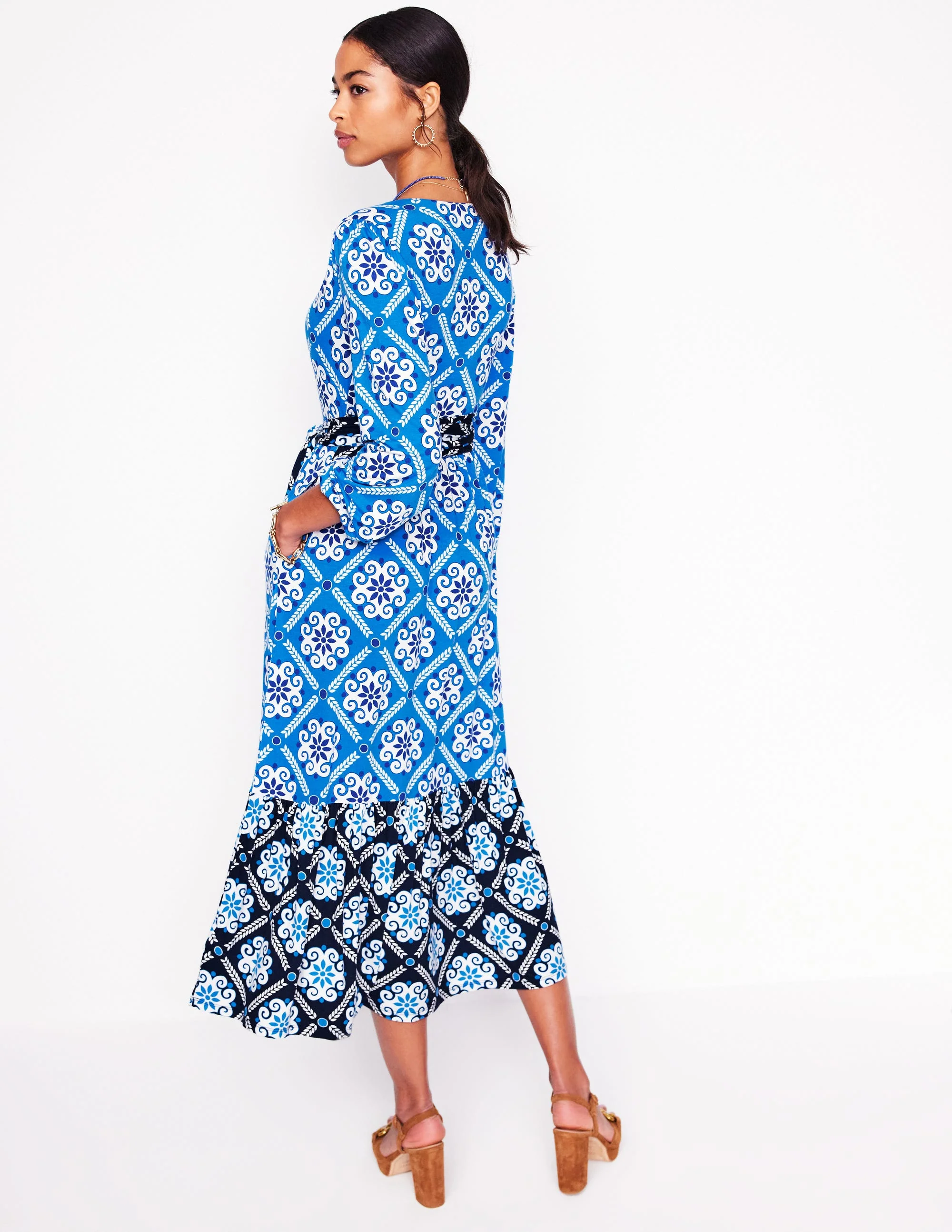 Tie Wrap Tier Maxi Dress-Cerulean Blue, Baroque Tile - Image 3