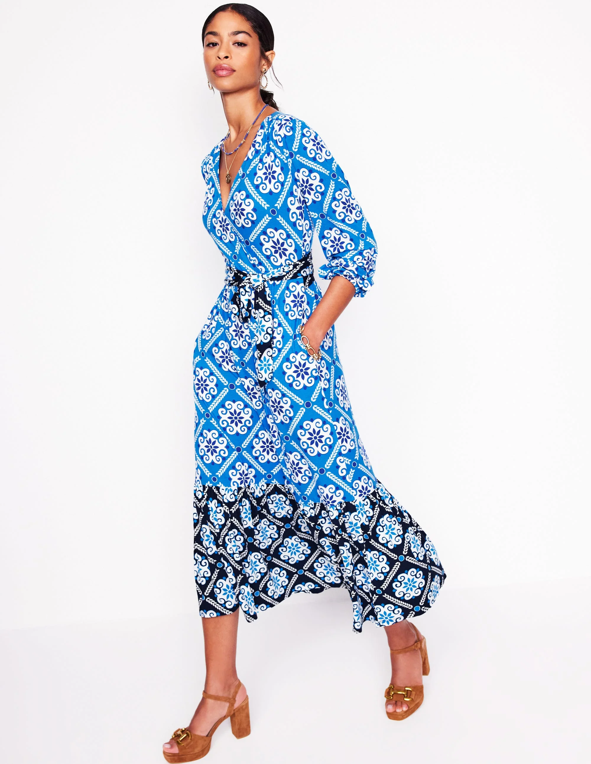 Tie Wrap Tier Maxi Dress-Cerulean Blue, Baroque Tile - Image 4