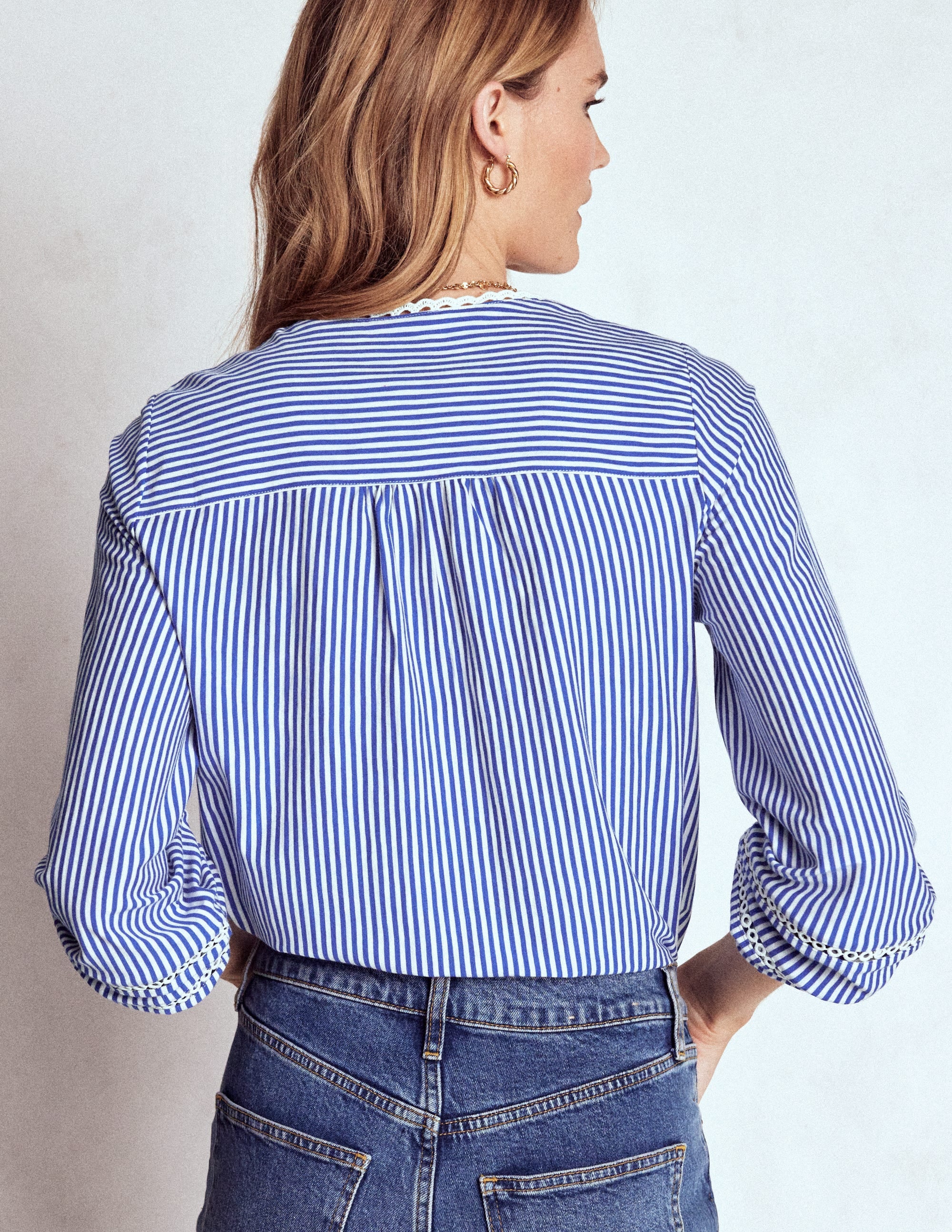Trim Detail Jersey Shirt-Bright Blue, Ivory Stripe - Image 3