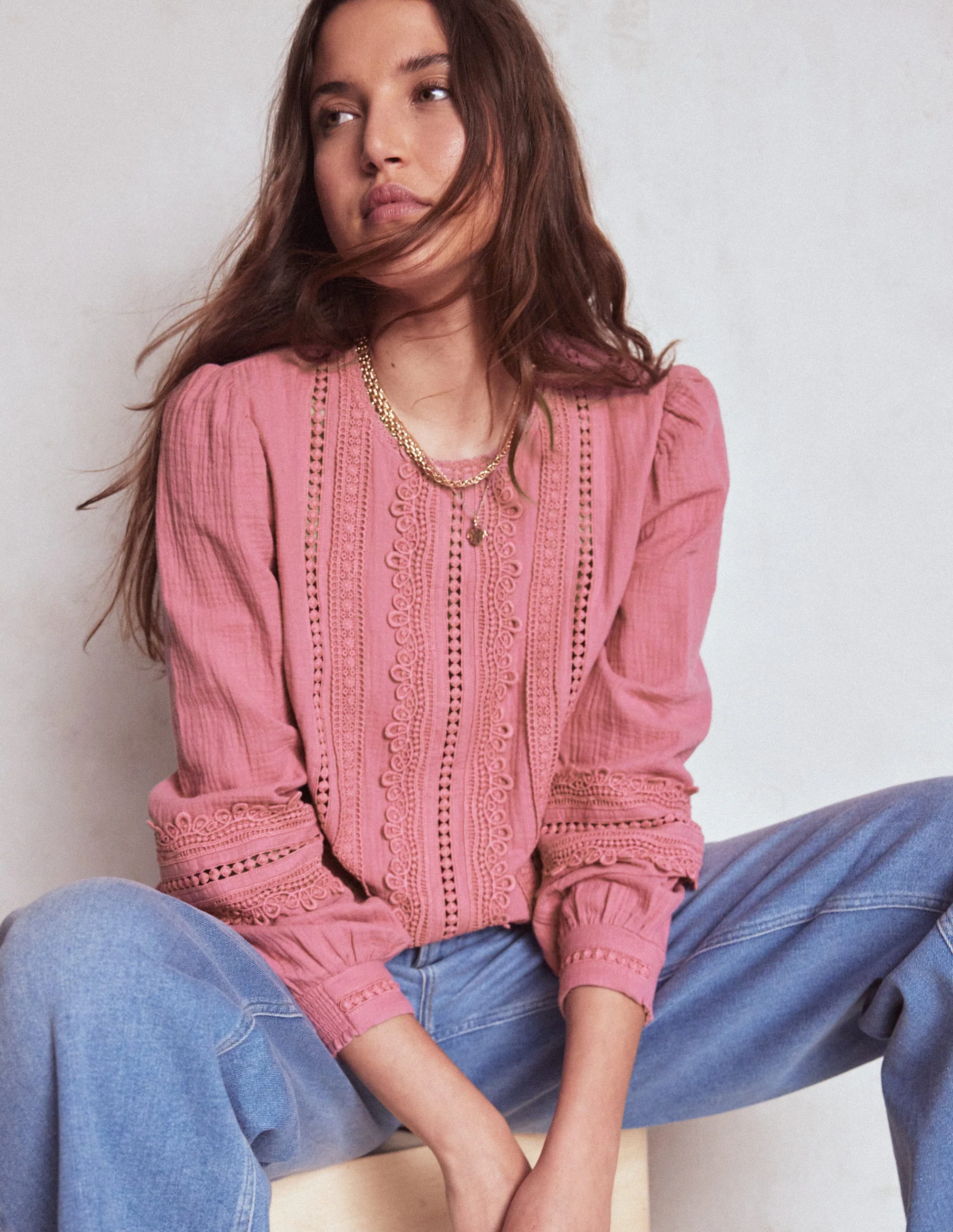 Trim Interest Double Cloth Top-Pink Heather - Image 2