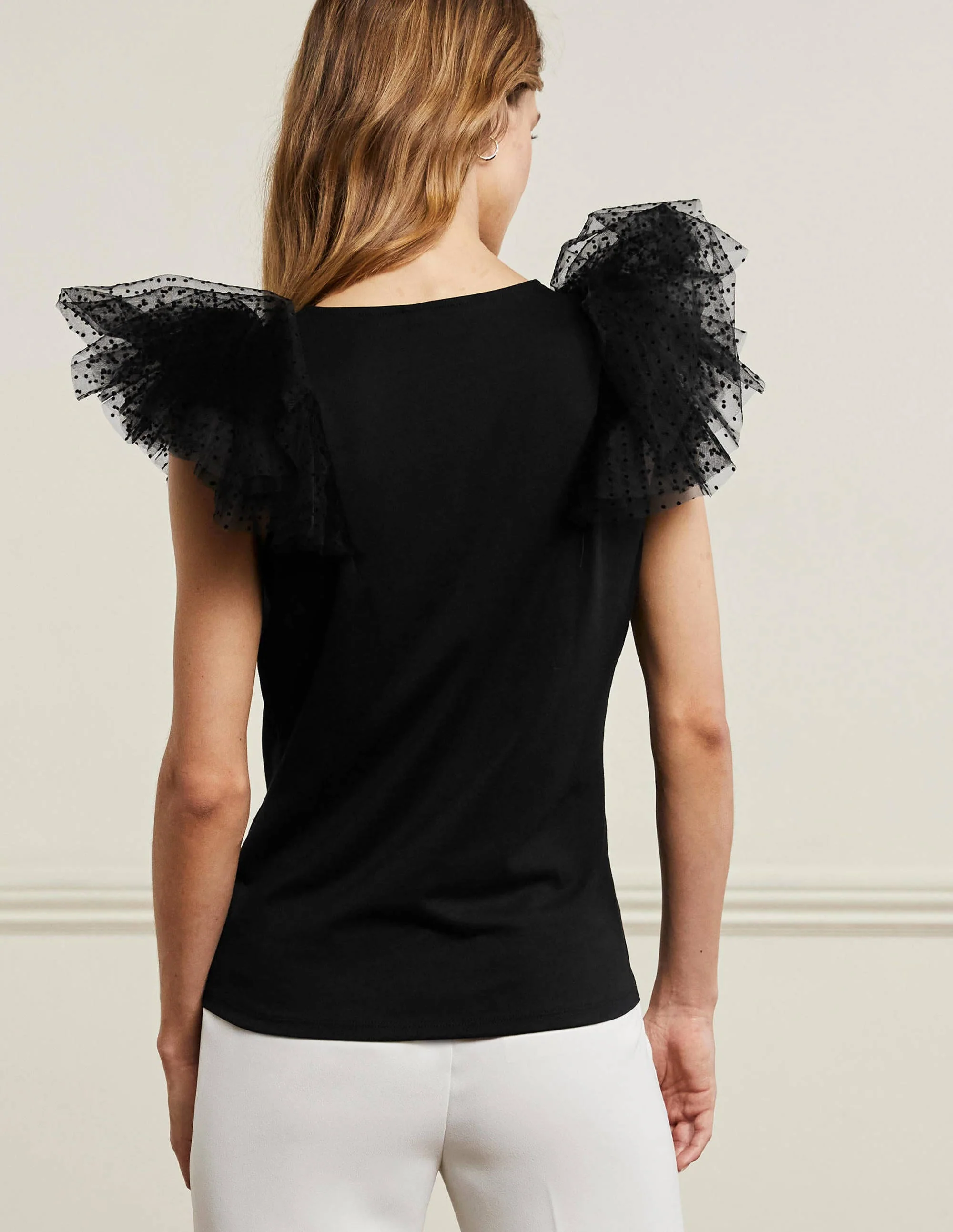 Tulle Shoulder Jersey Top-Black - Image 3