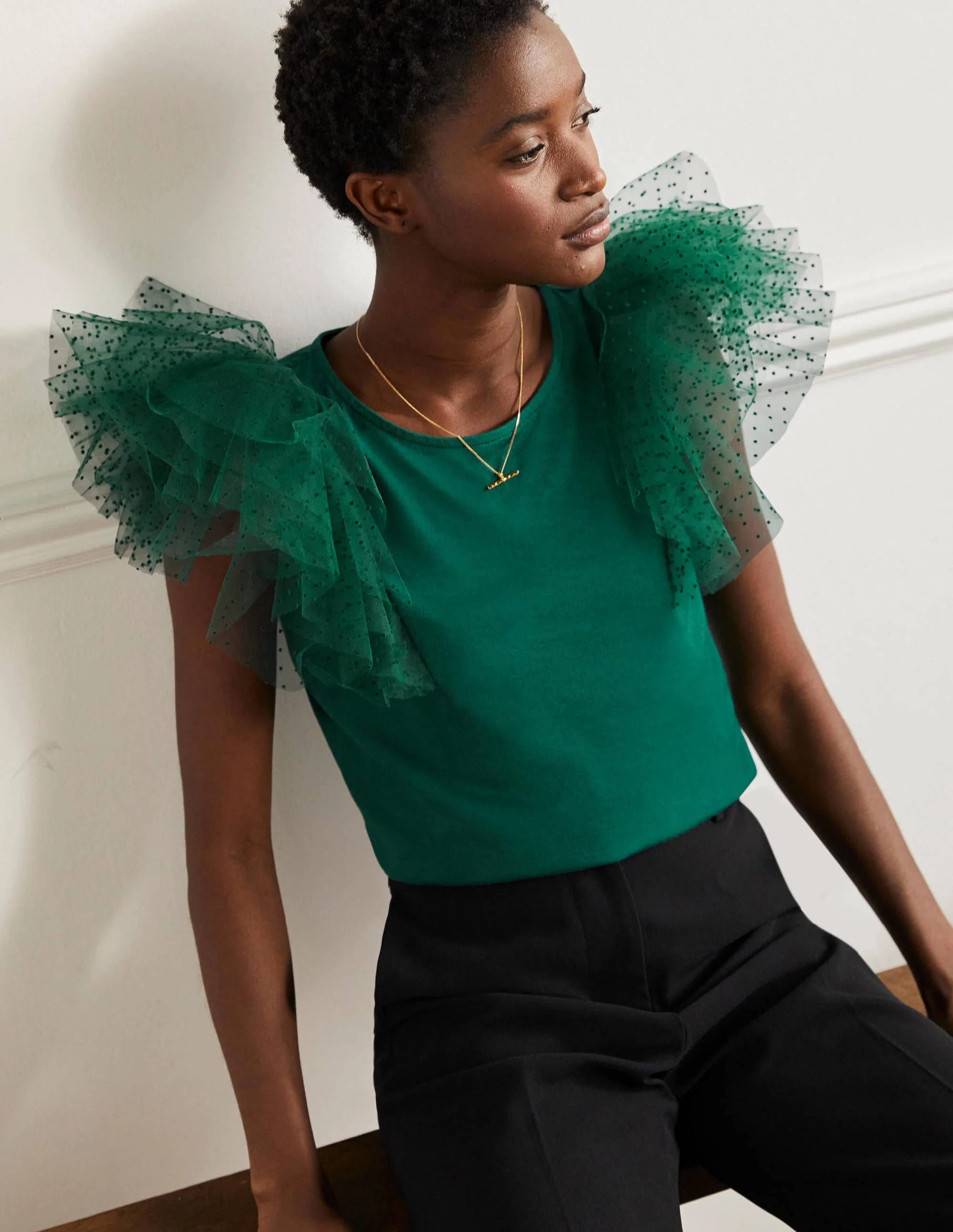 Tulle Shoulder Jersey Top-Deep Forest