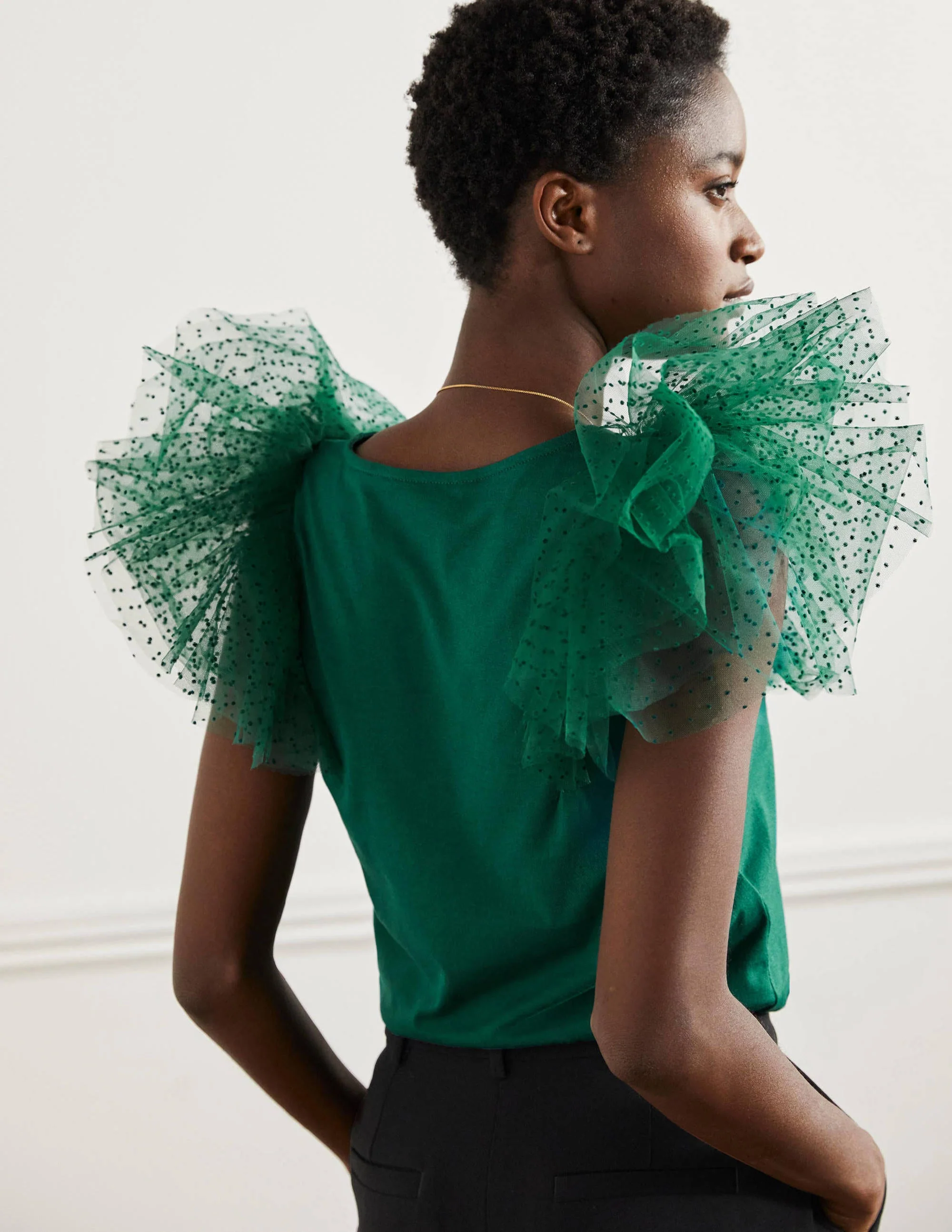 Tulle Shoulder Jersey Top-Deep Forest - Image 3