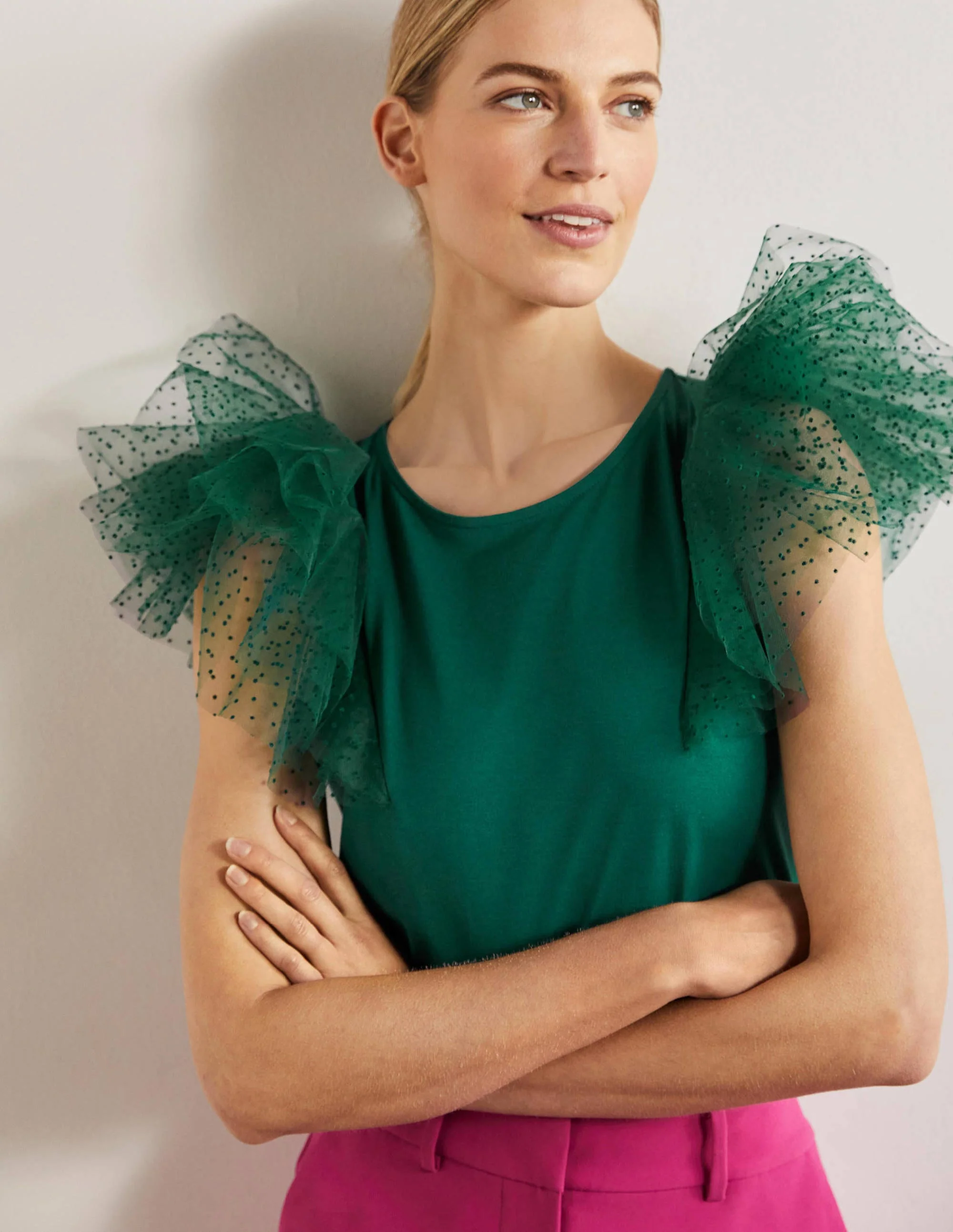 Tulle Shoulder Jersey Top-Deep Forest - Image 5
