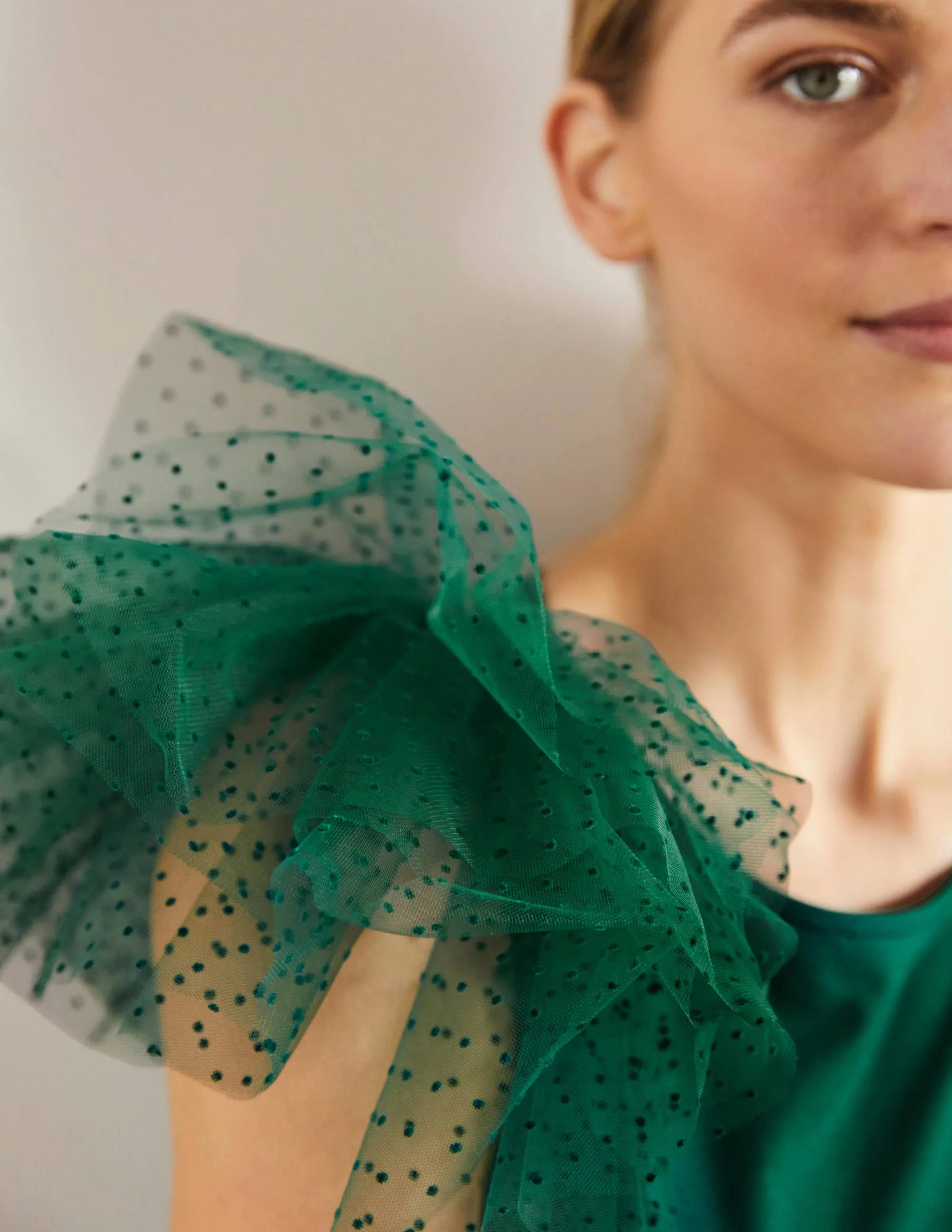 Tulle Shoulder Jersey Top-Deep Forest - Image 6
