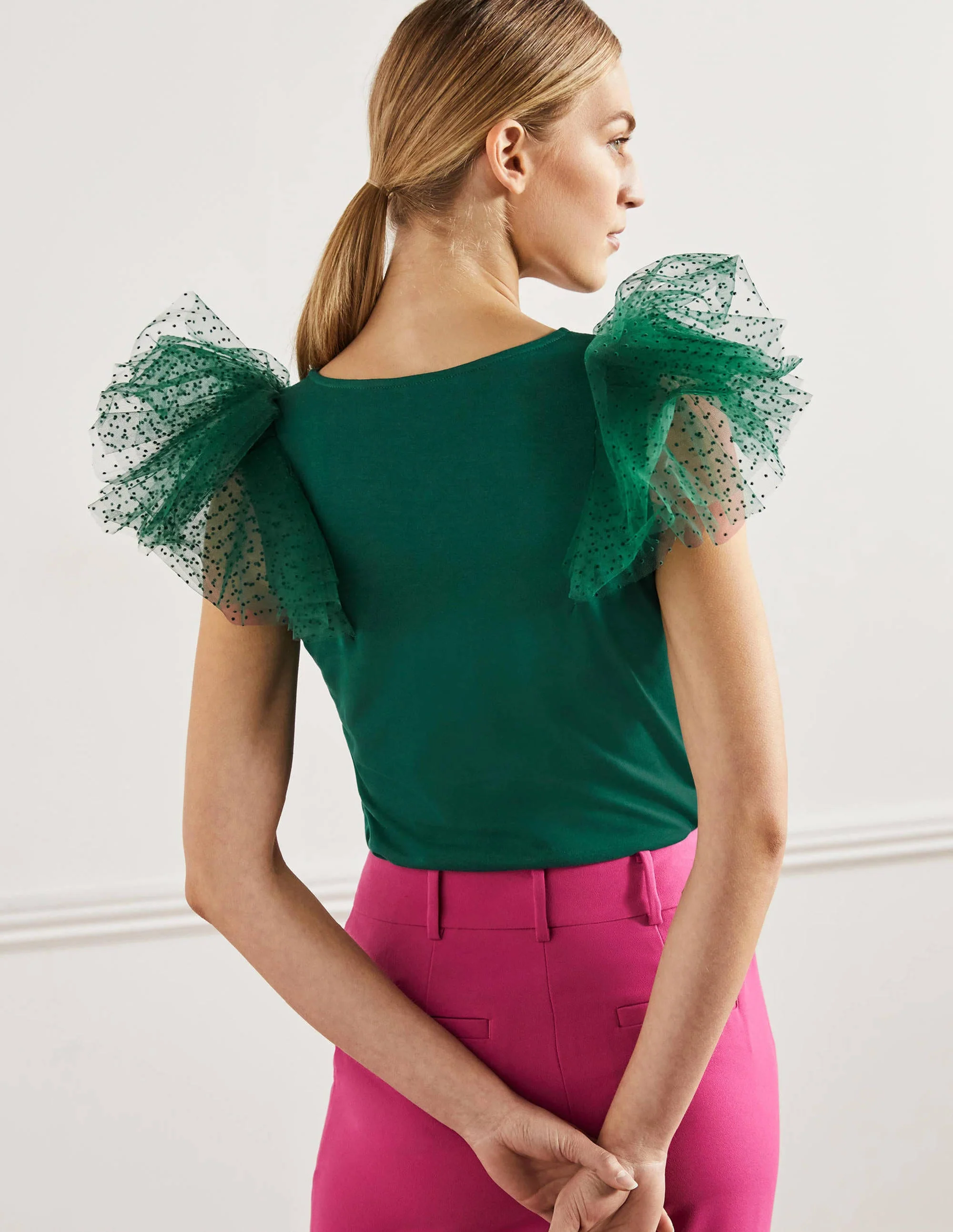 Tulle Shoulder Jersey Top-Deep Forest - Image 7