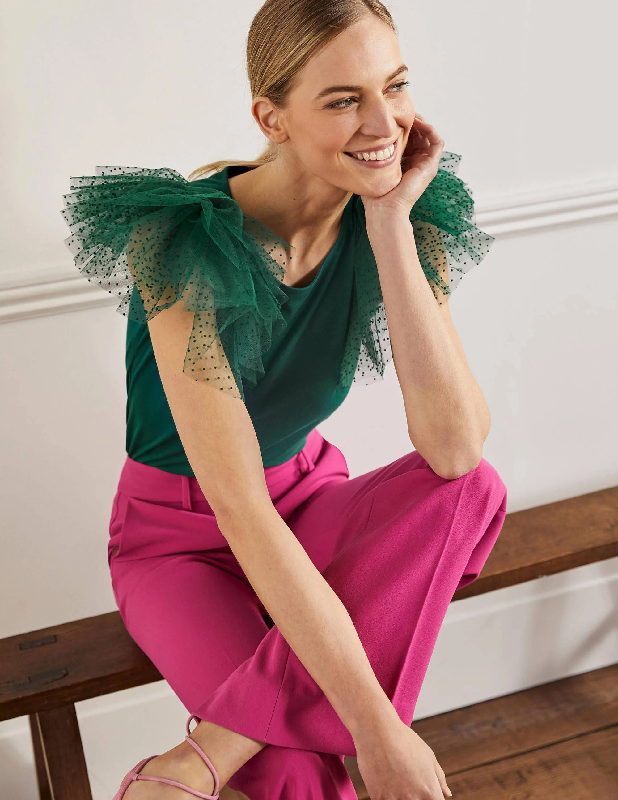 Tulle Shoulder Jersey Top-Deep Forest - Image 9