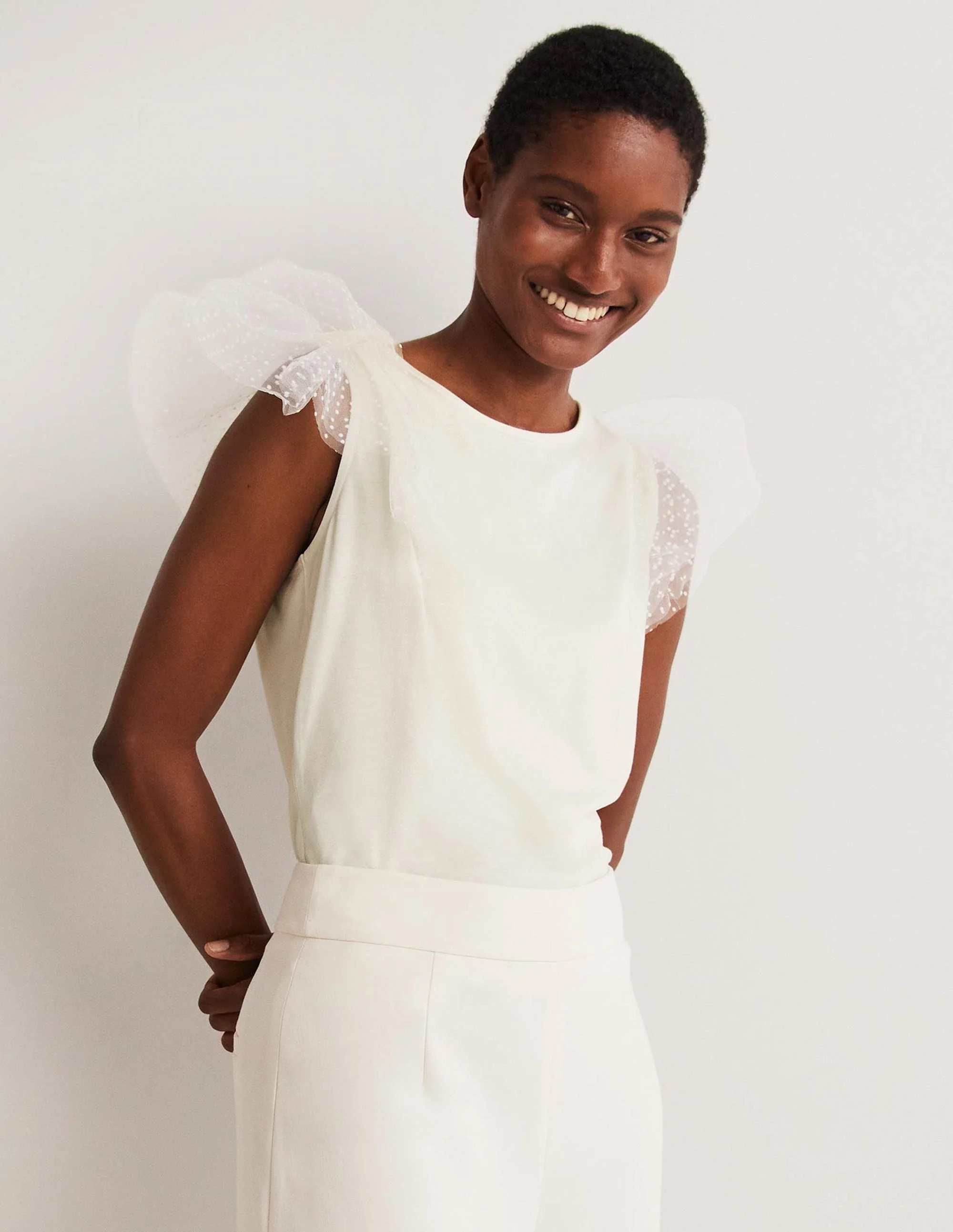 Tulle Shoulder Jersey Top-Ivory