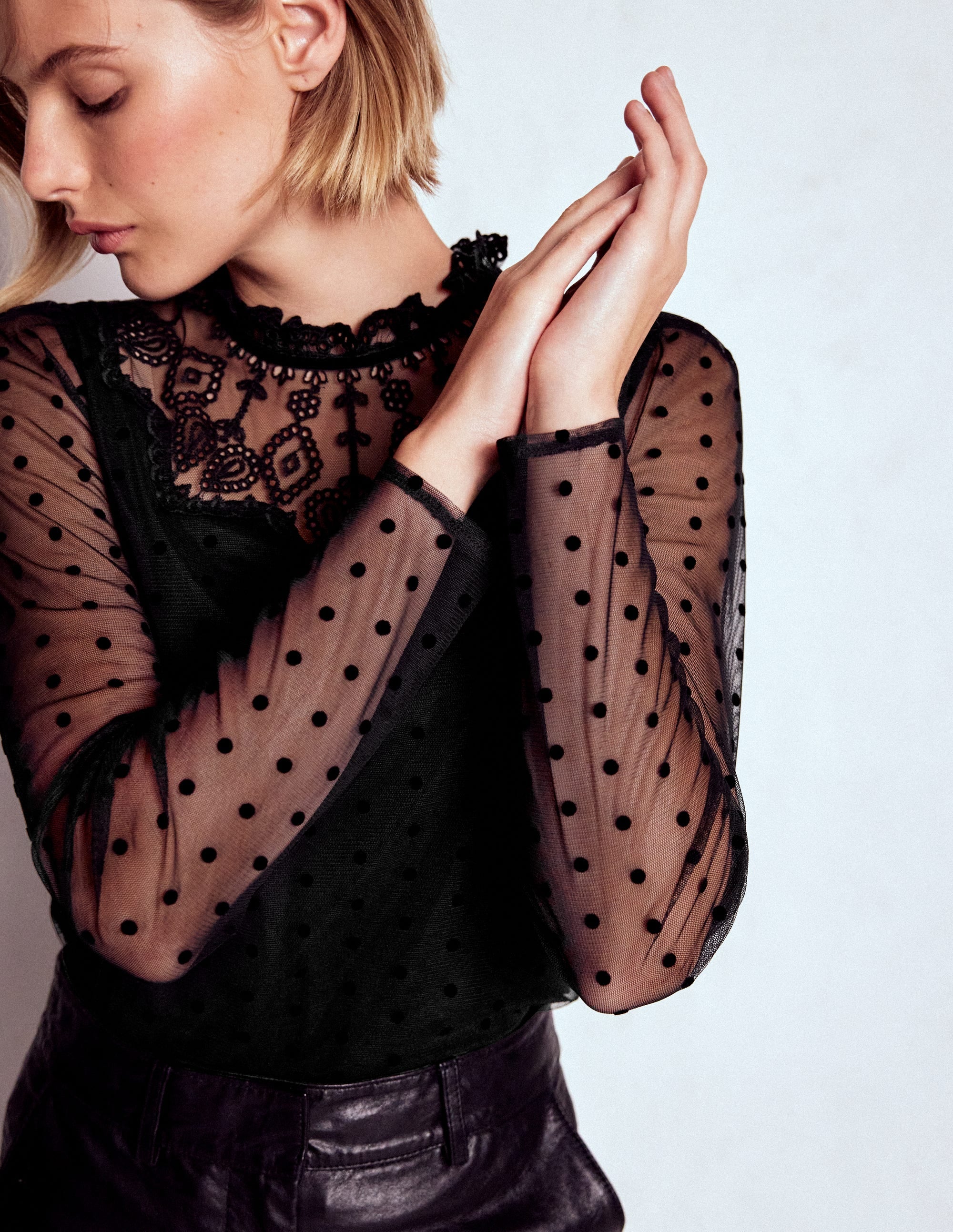 Tulle Yoke Embroidered Top-Black Spot - Image 6