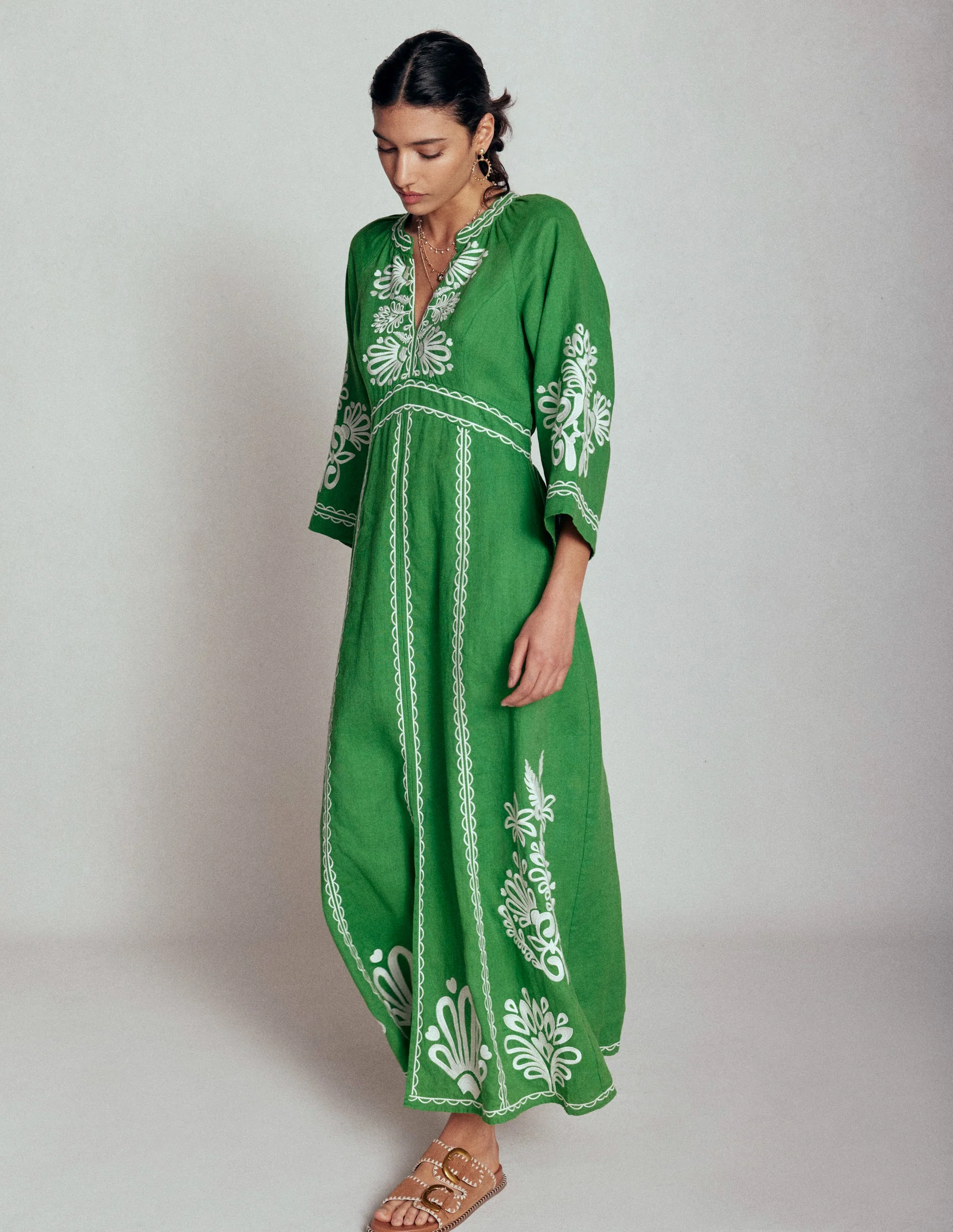Una Linen Embroidered Dress-Paradise Green - Image 3