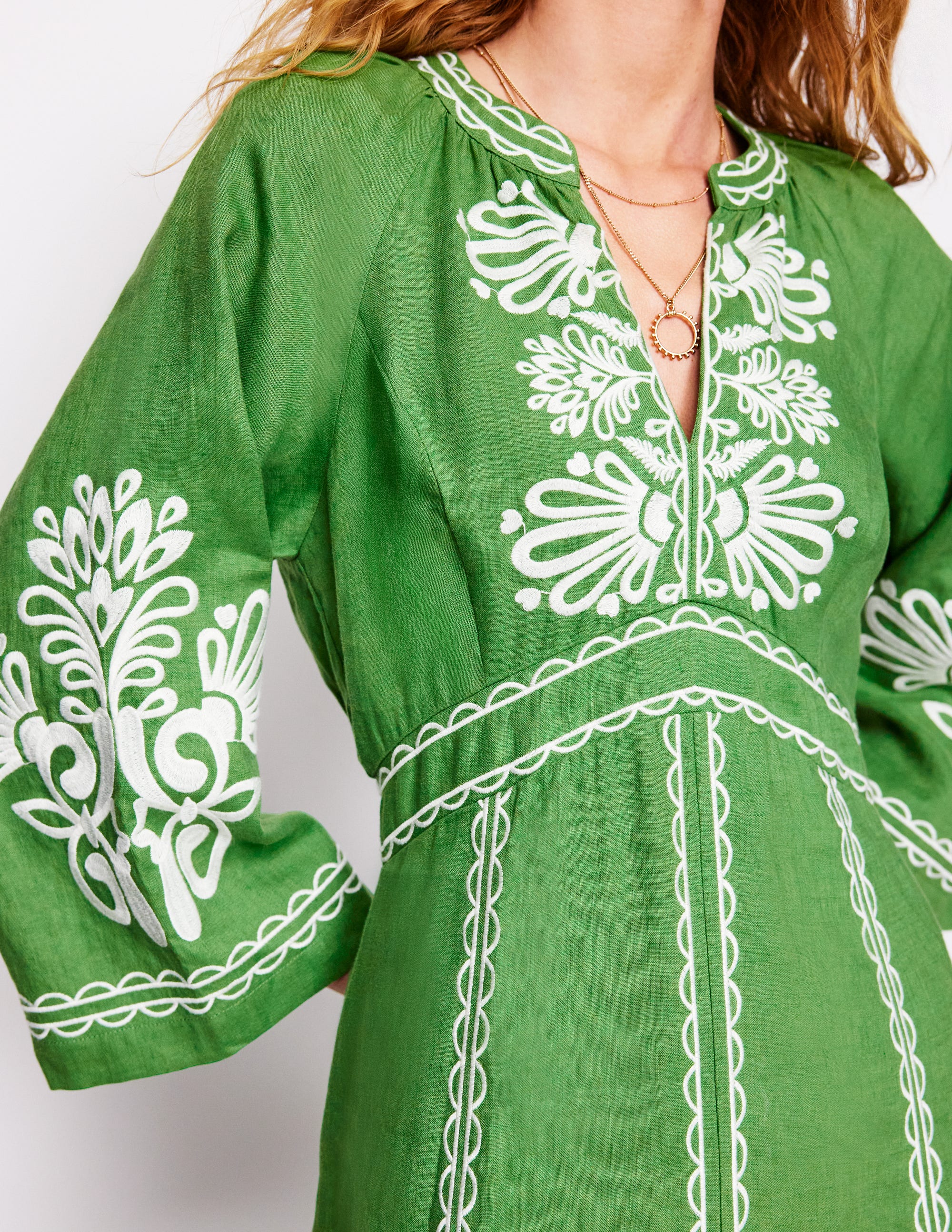 Una Linen Embroidered Dress-Paradise Green - Image 4