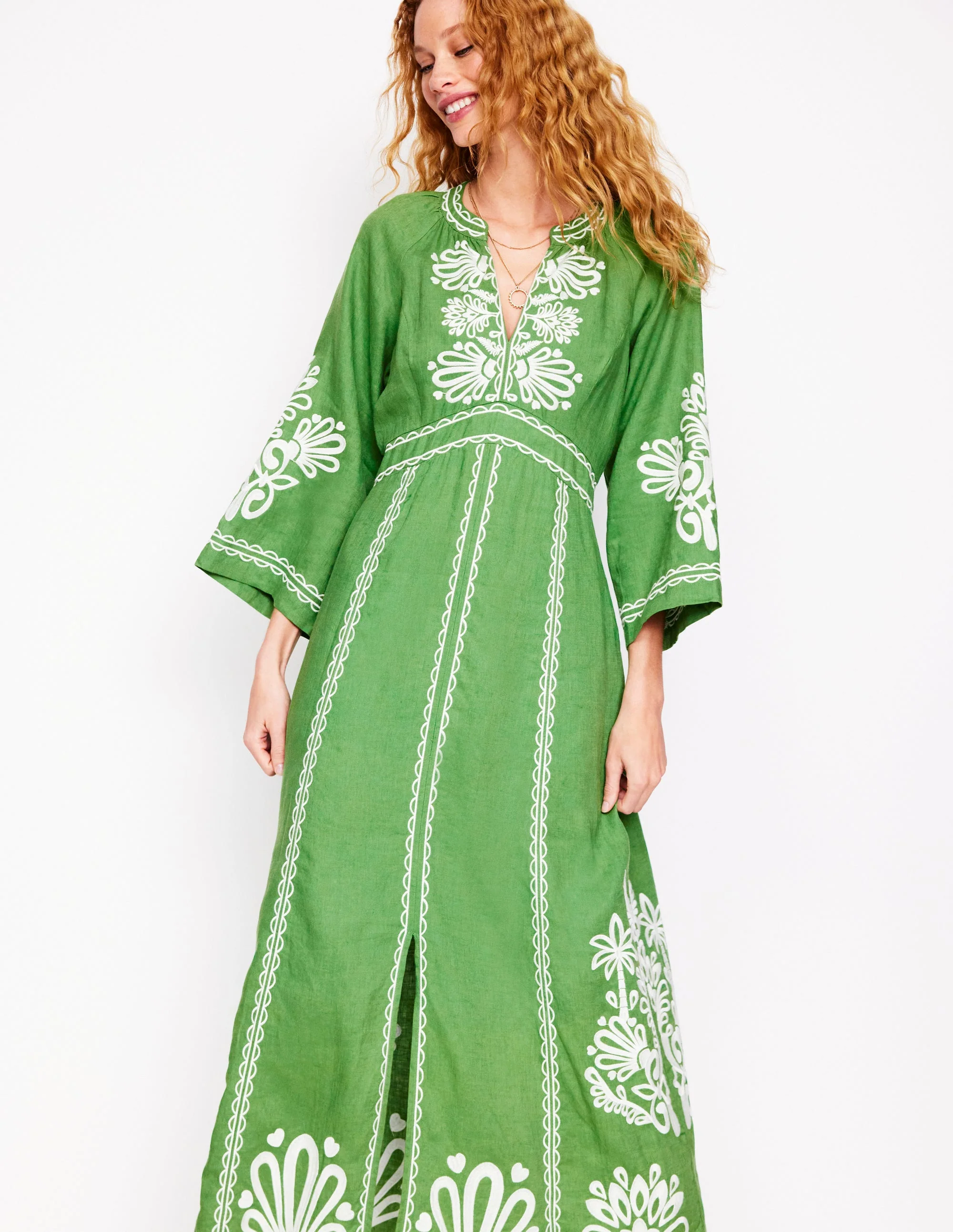 Una Linen Embroidered Dress-Paradise Green - Image 6
