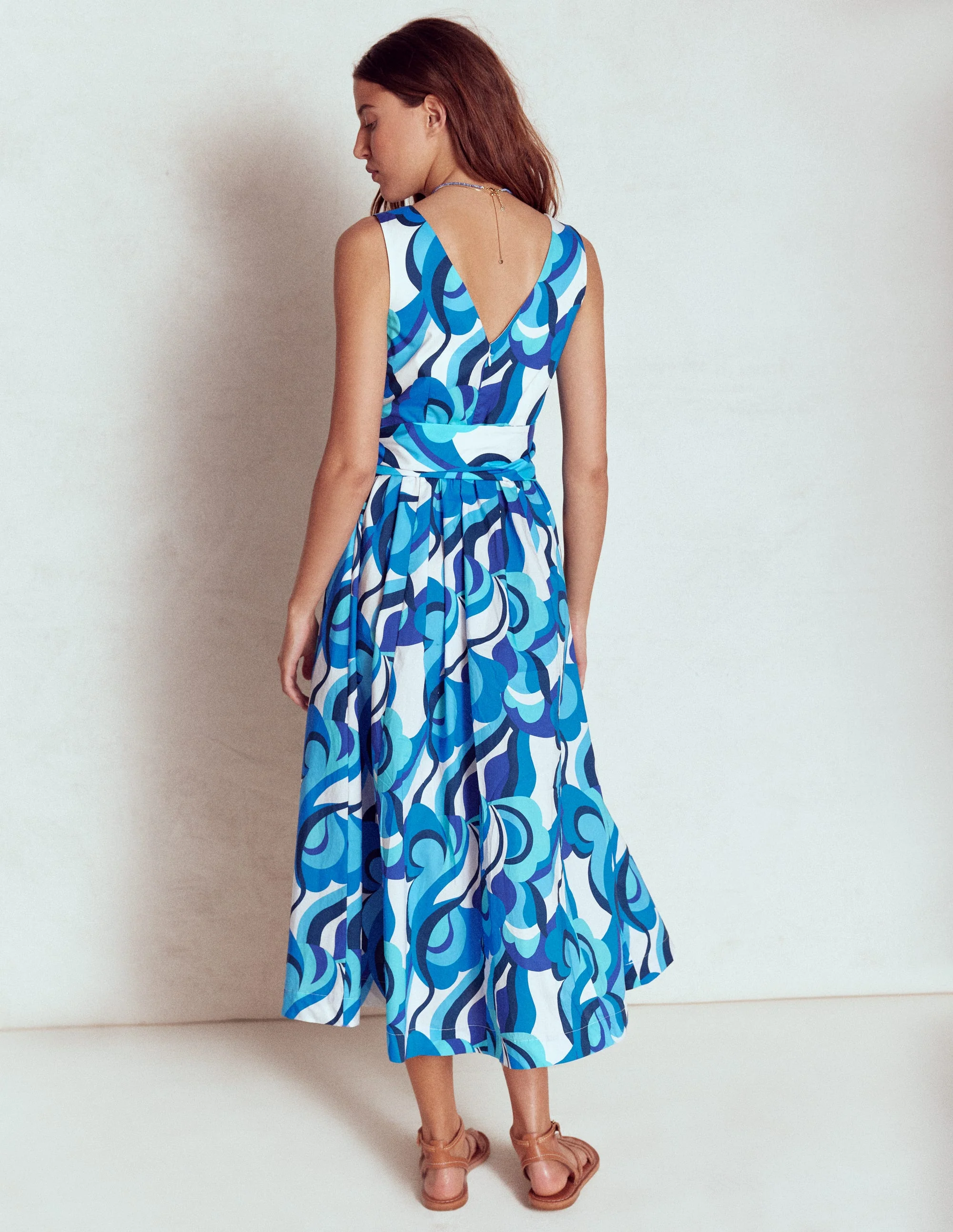 V-Neck Belted Flare Dress-Blue, Abstract Swirl - Image 4