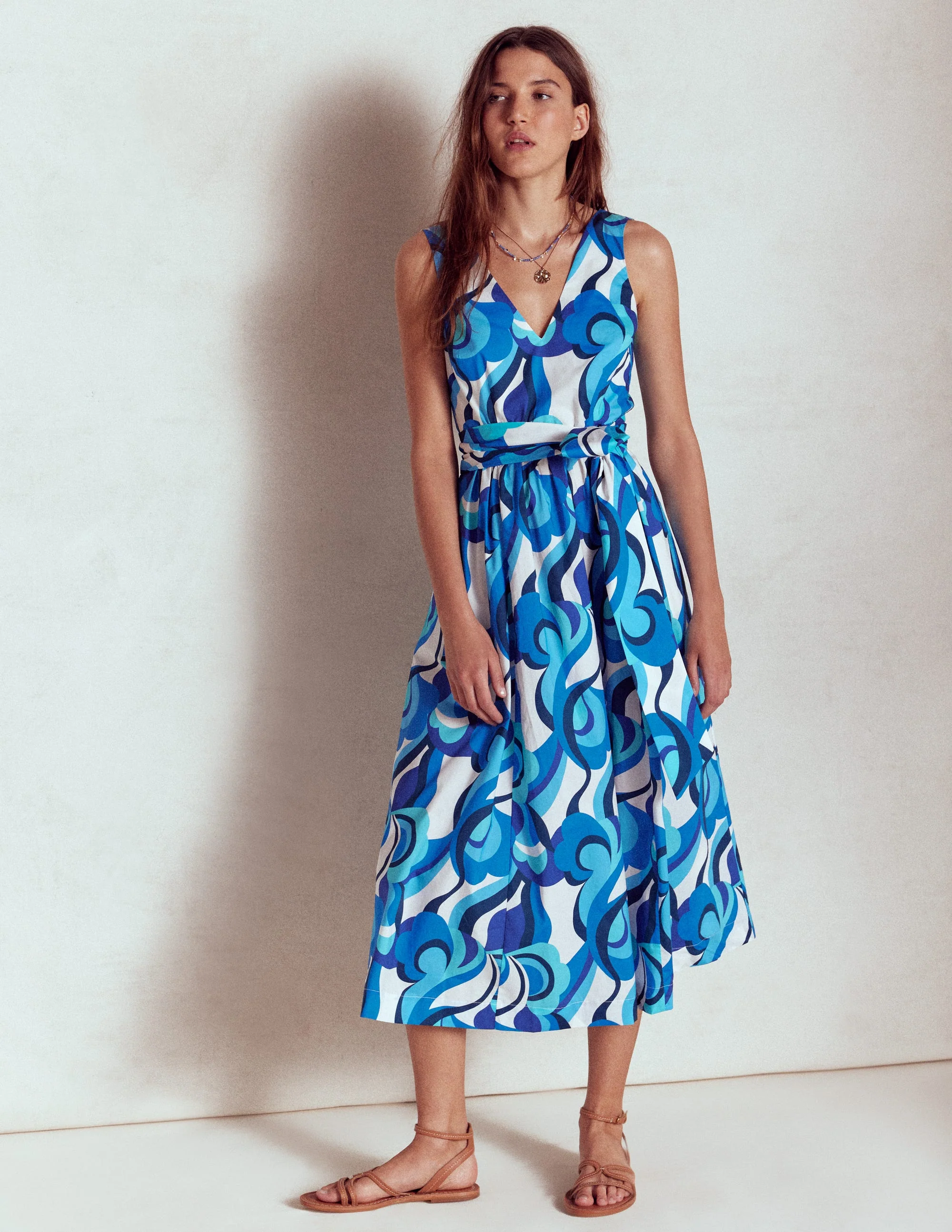 V-Neck Belted Flare Dress-Blue, Abstract Swirl - Image 5
