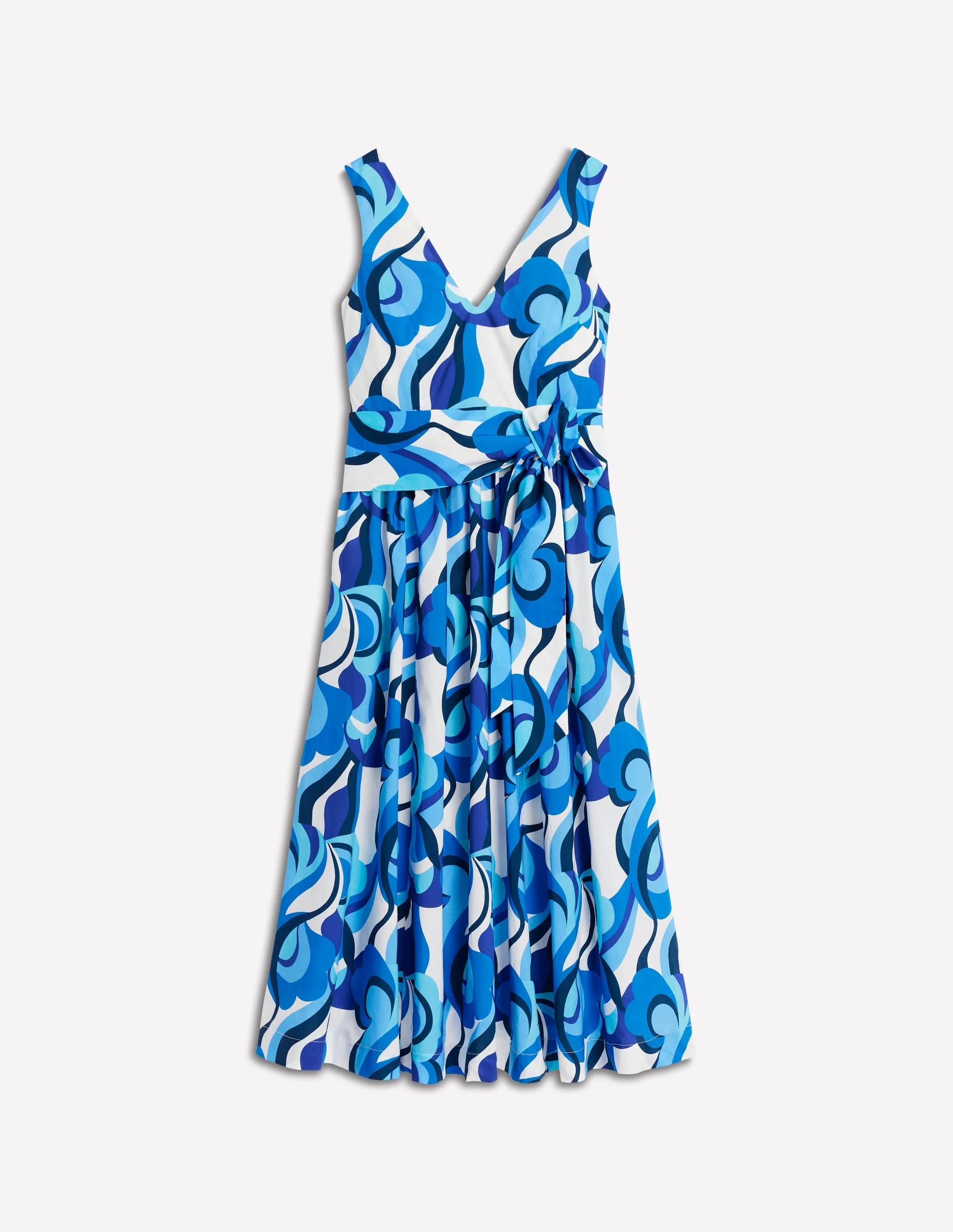 V-Neck Belted Flare Dress-Blue, Abstract Swirl - Image 6
