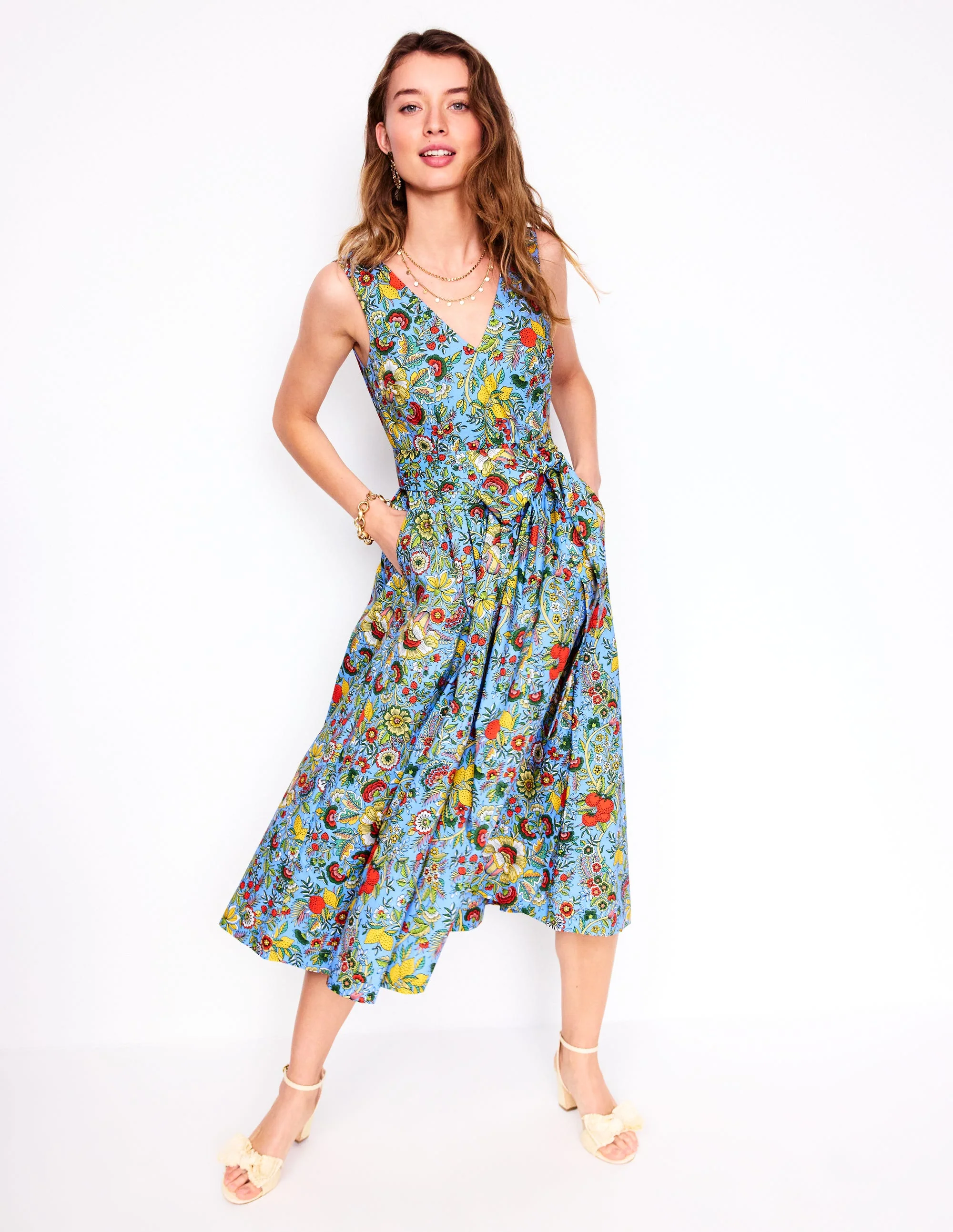 V-Neck Belted Flare Dress-Multi, Citrus Vine - Image 4