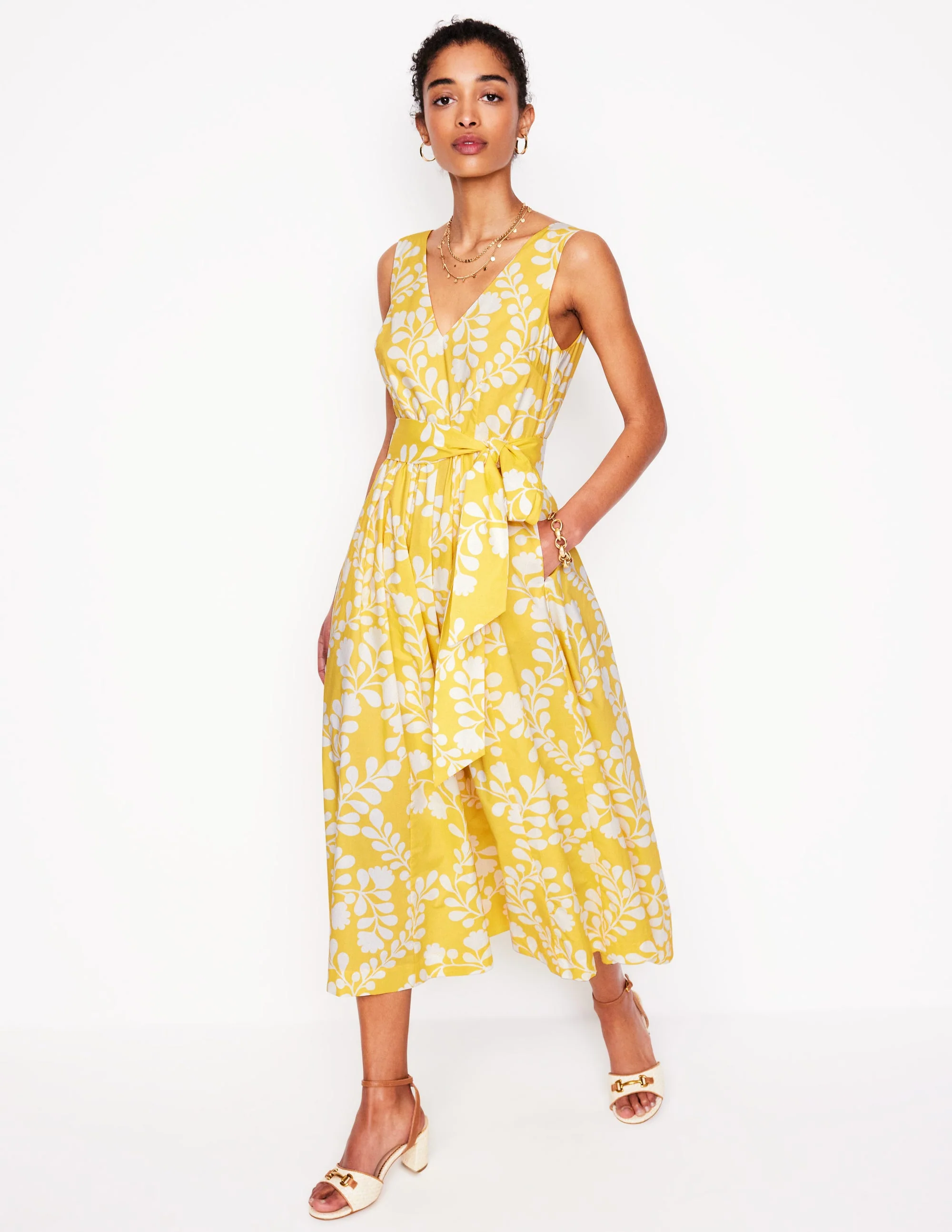 V-Neck Belted Flare Dress-Yellow, Vine Silhouette