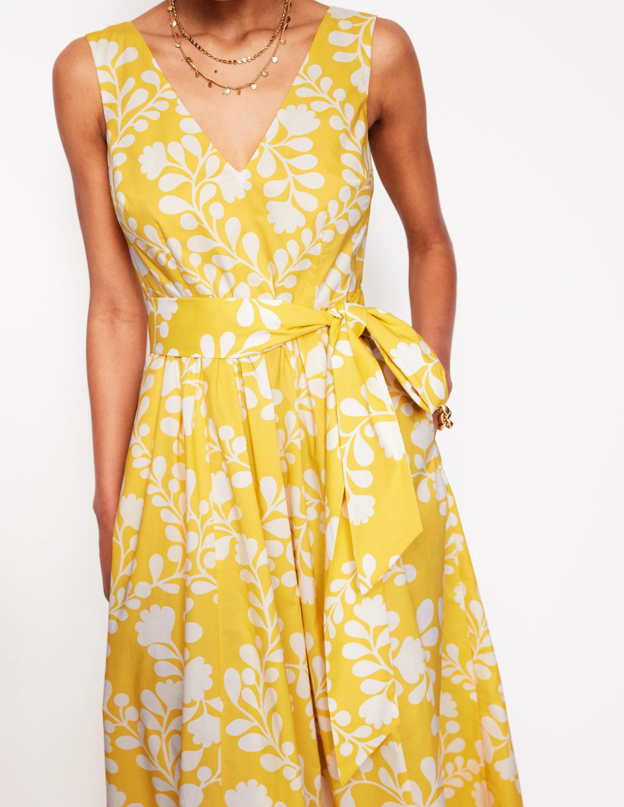 V-Neck Belted Flare Dress-Yellow, Vine Silhouette - Image 2