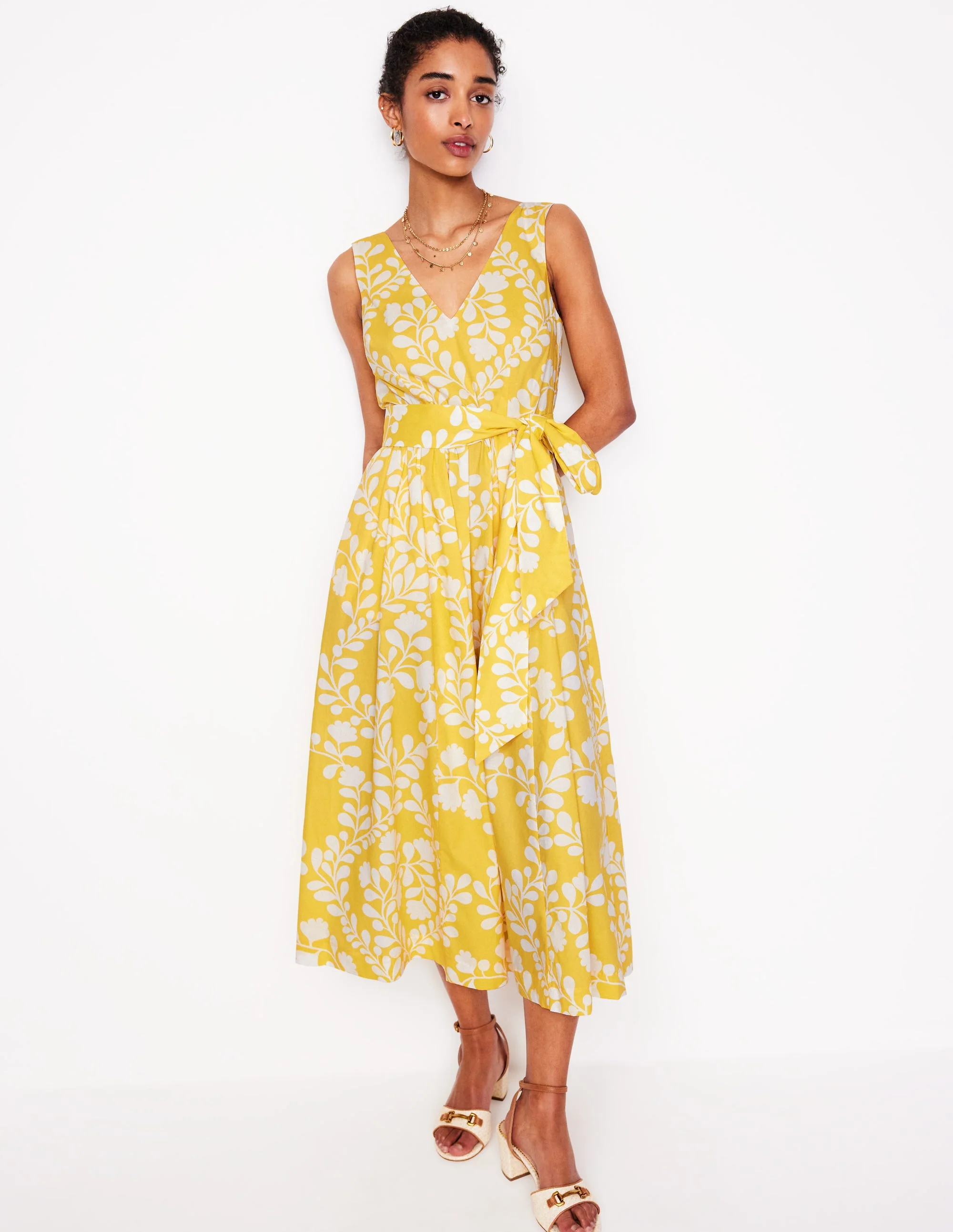 V-Neck Belted Flare Dress-Yellow, Vine Silhouette - Image 4