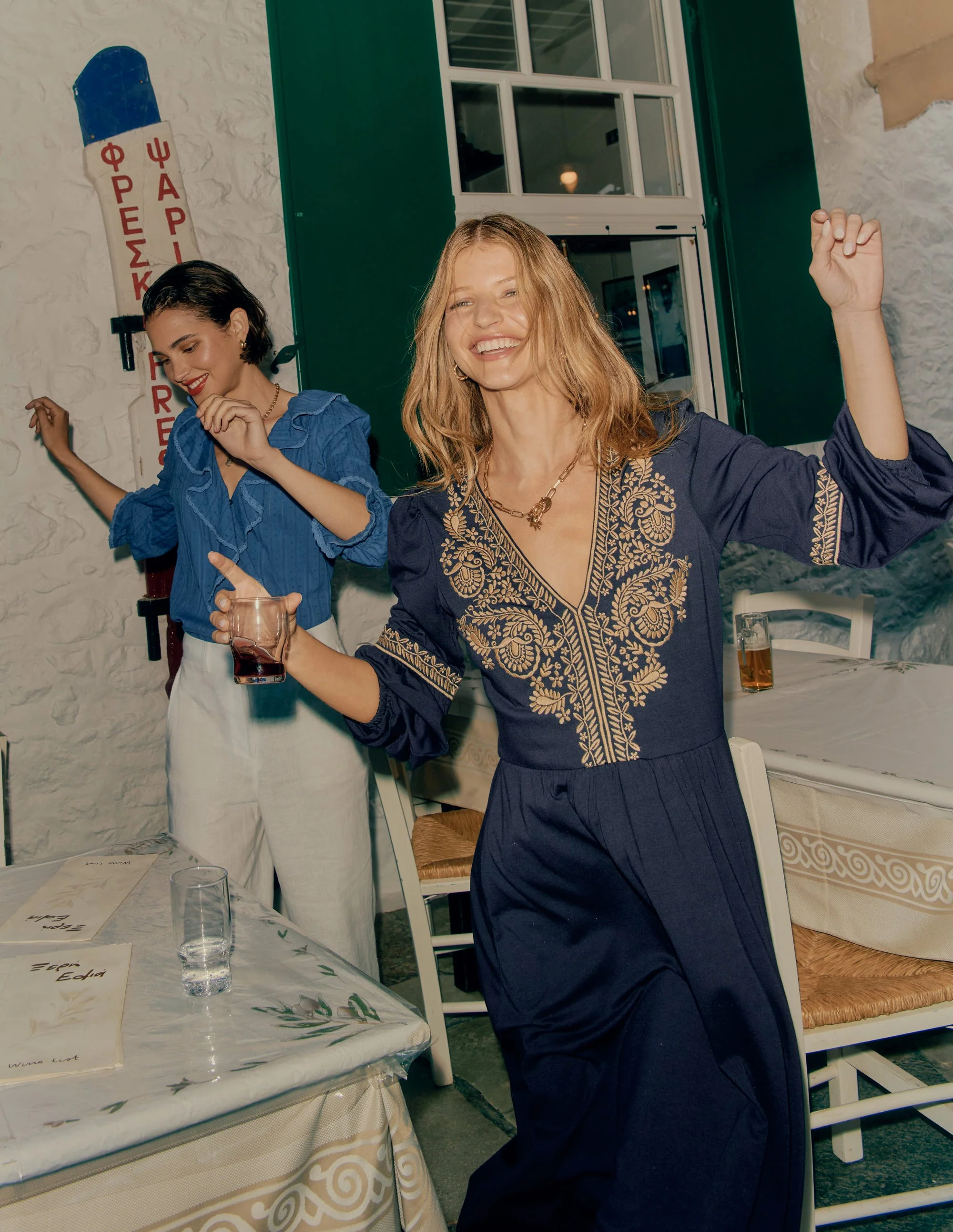 V-Neck Blouson Midi Dress-Navy - Image 2