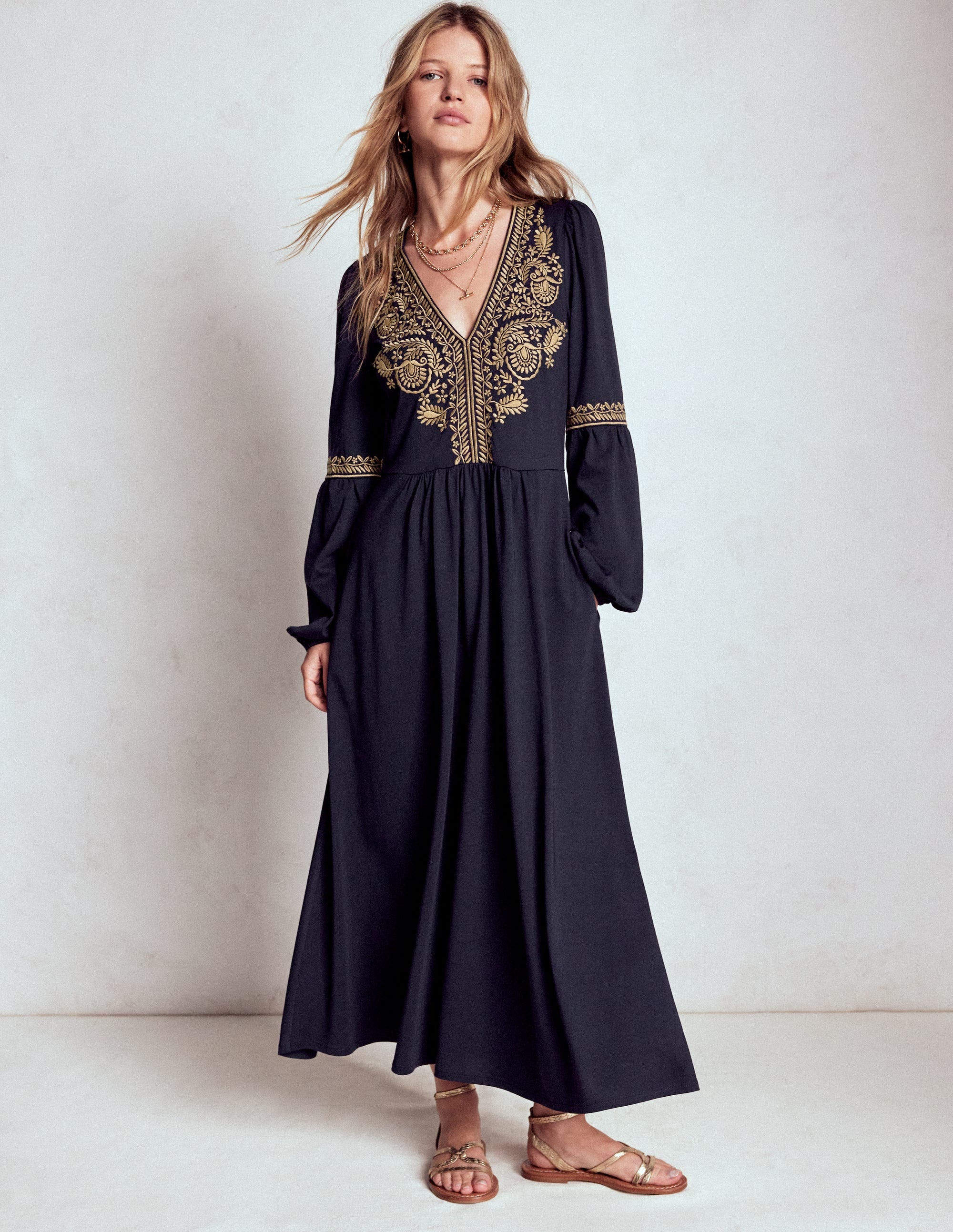 V-Neck Blouson Midi Dress-Navy - Image 5