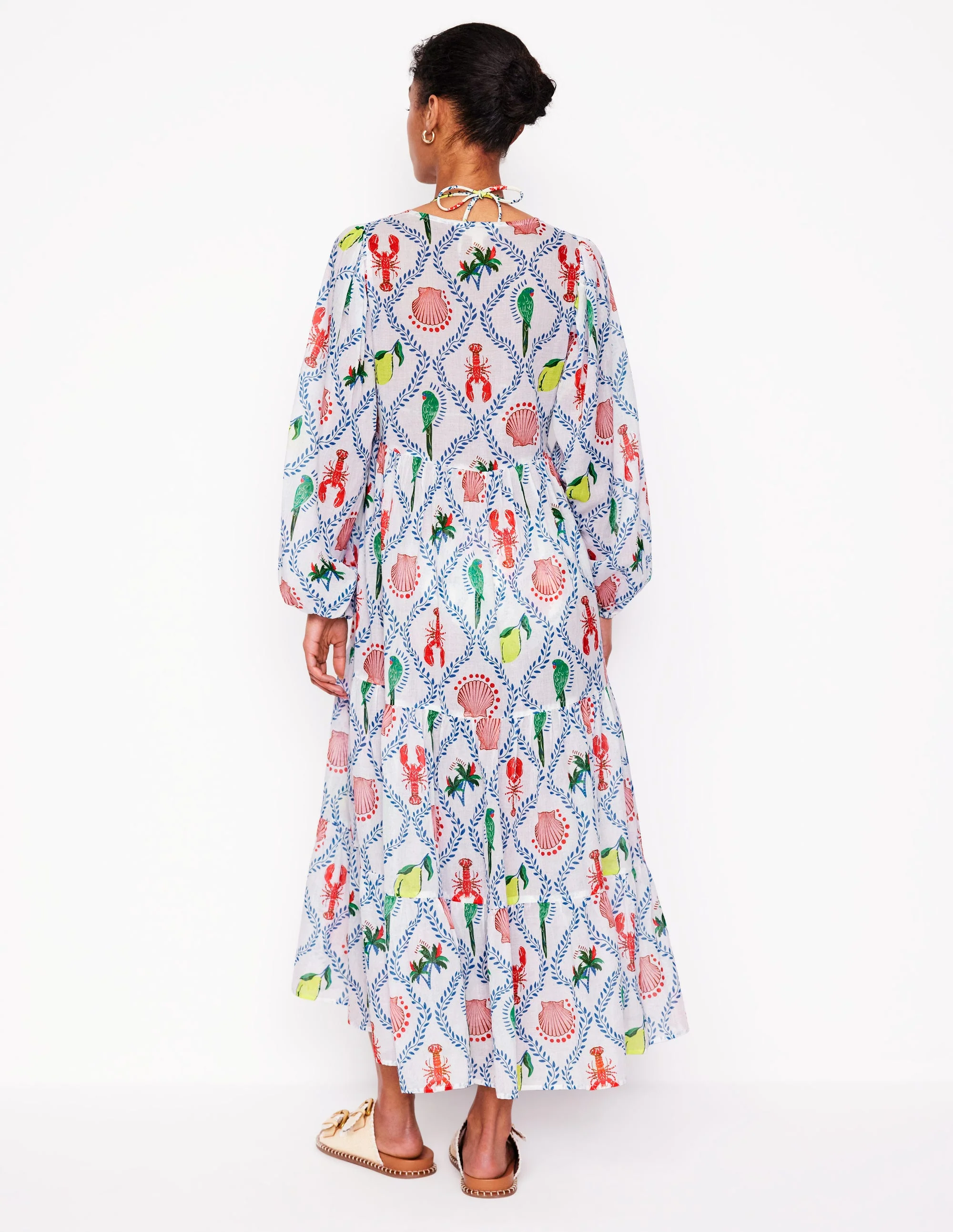 V-Neck Tiered Cotton Kaftan-Ivory, Tropical Bonanza - Image 3