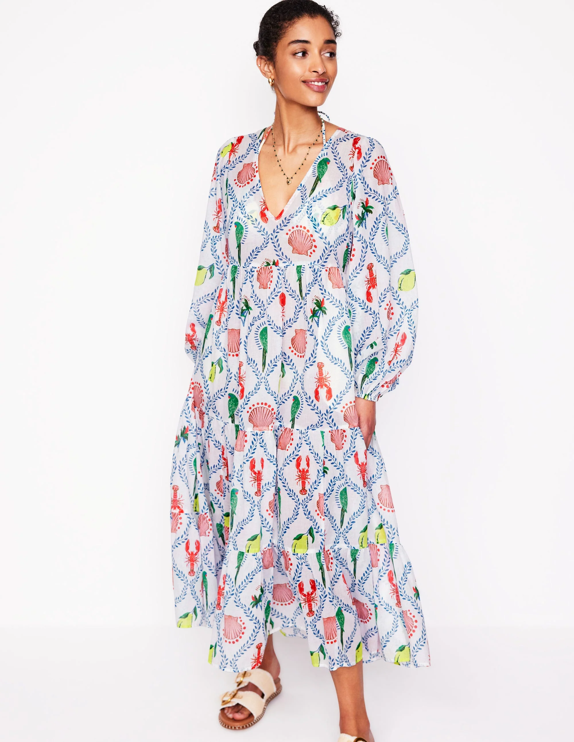 V-Neck Tiered Cotton Kaftan-Ivory, Tropical Bonanza - Image 4