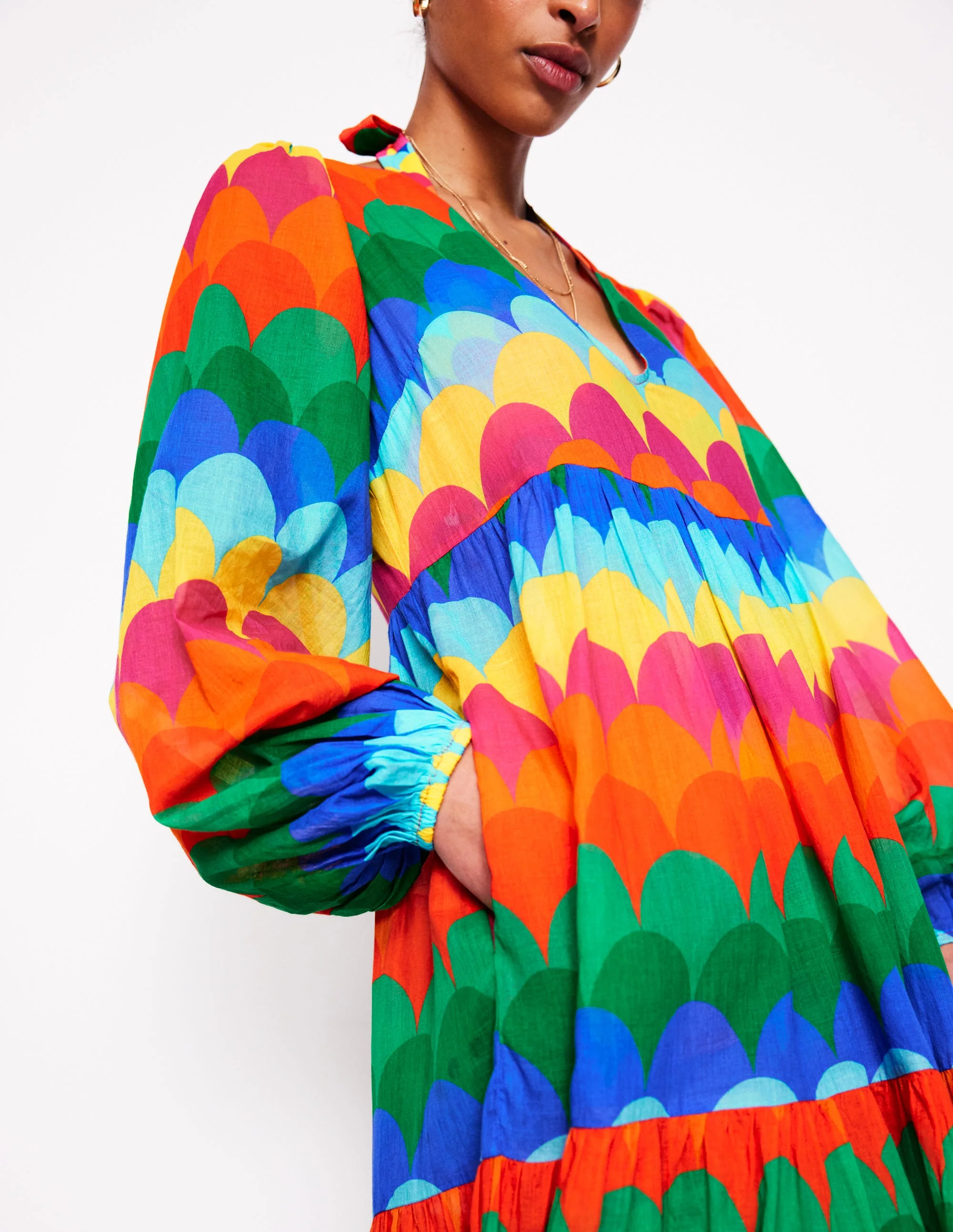 V-Neck Tiered Cotton Kaftan-Multi, Scallop Stripe - Image 2