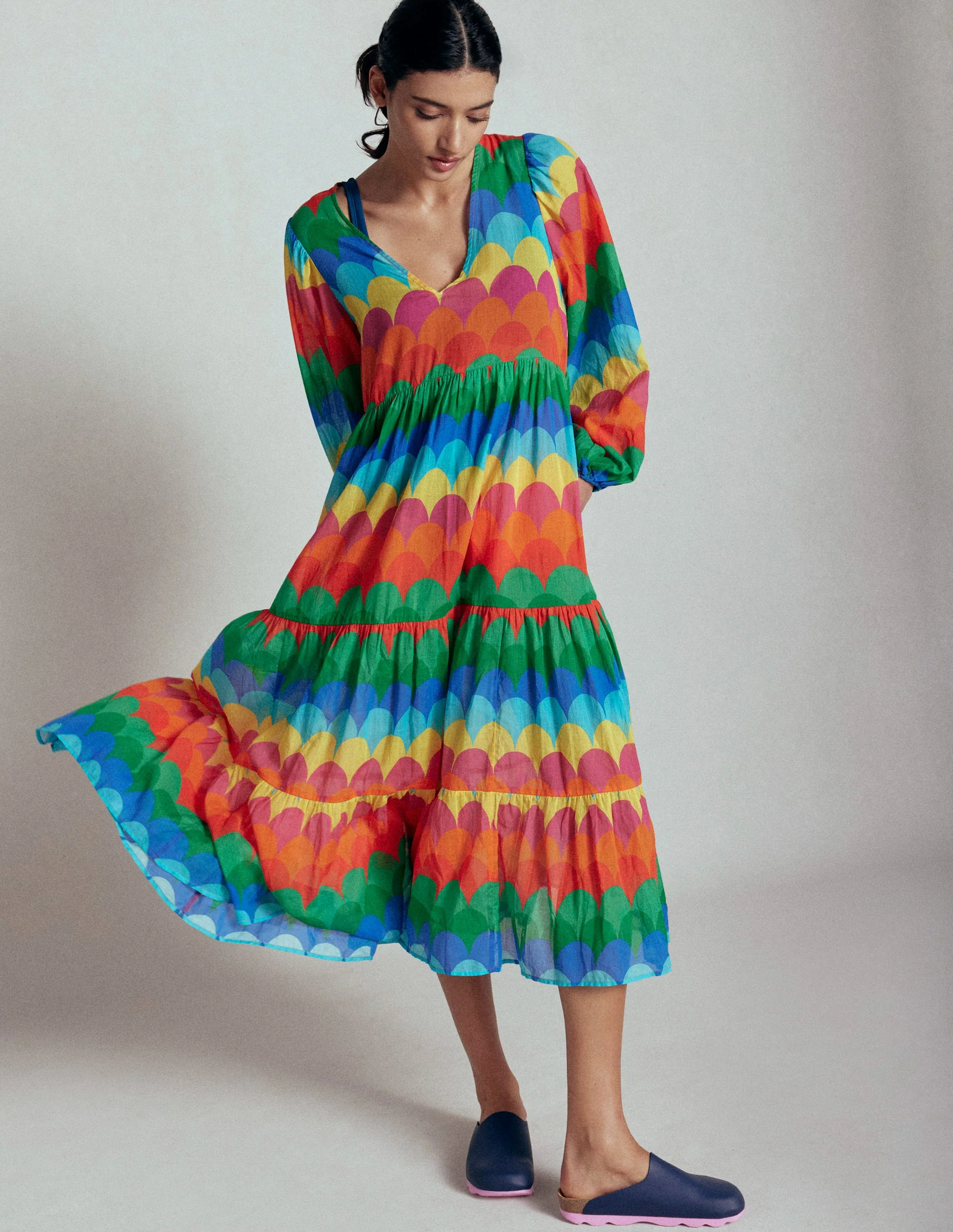 V-Neck Tiered Cotton Kaftan-Multi, Scallop Stripe - Image 3
