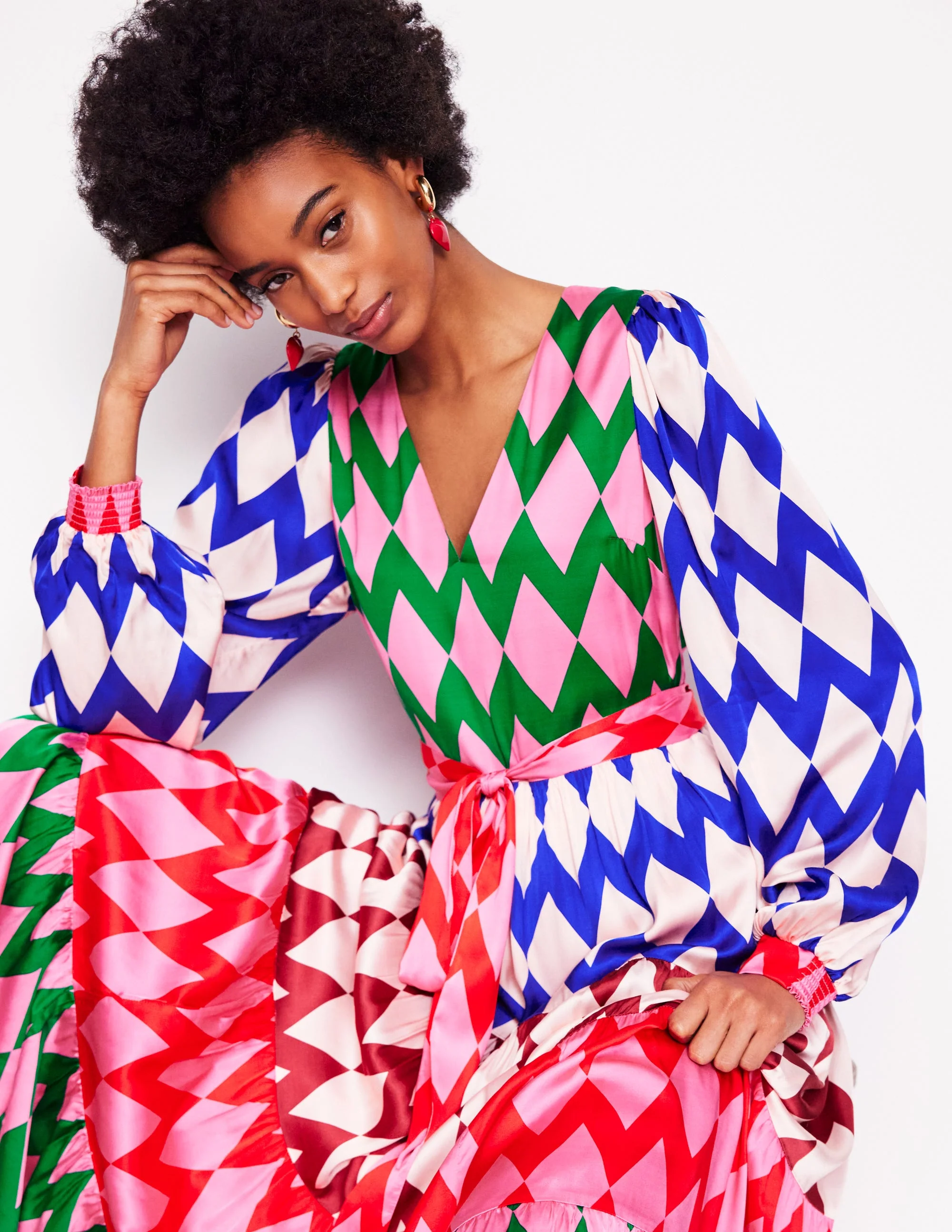 V-Neck Tiered Dress-Multi, Diamond Stripe