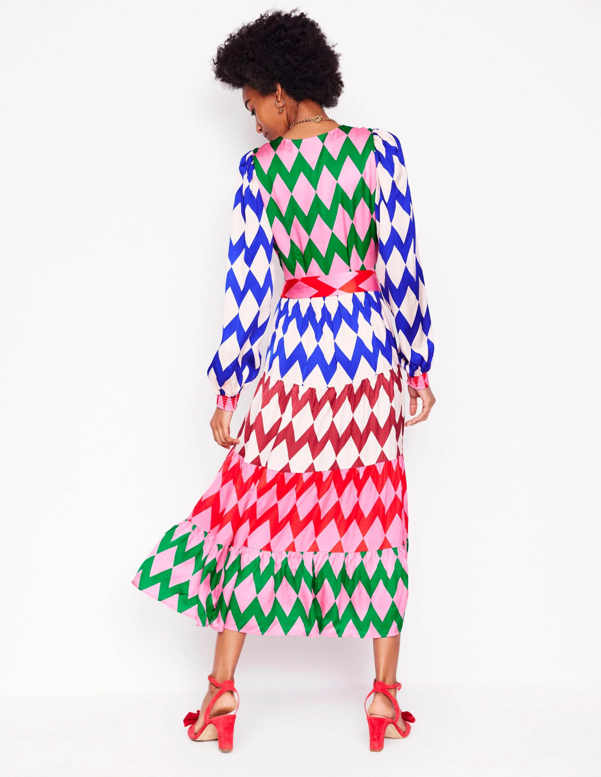 V-Neck Tiered Dress-Multi, Diamond Stripe - Image 4