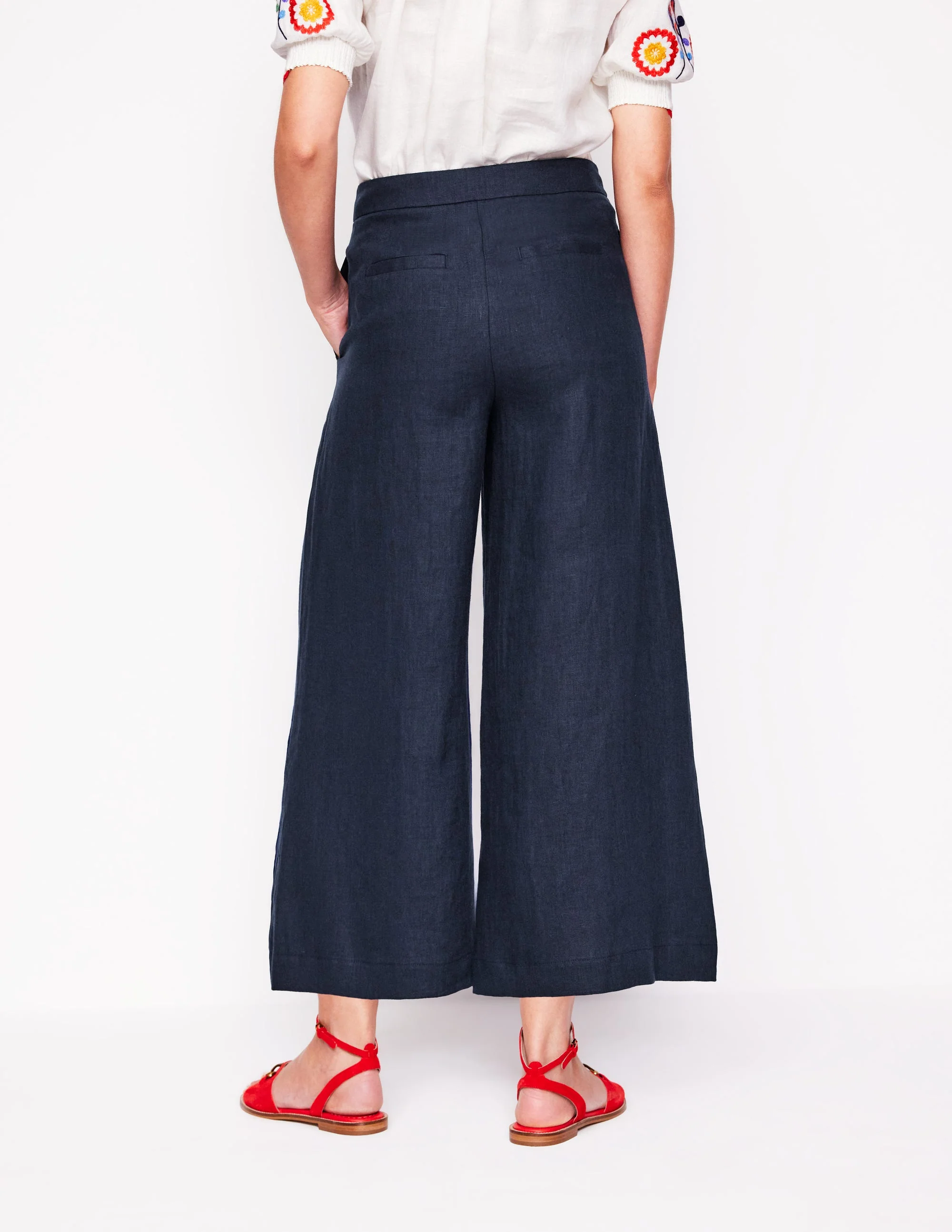 Wide Crop Linen Trousers-Navy - Image 4