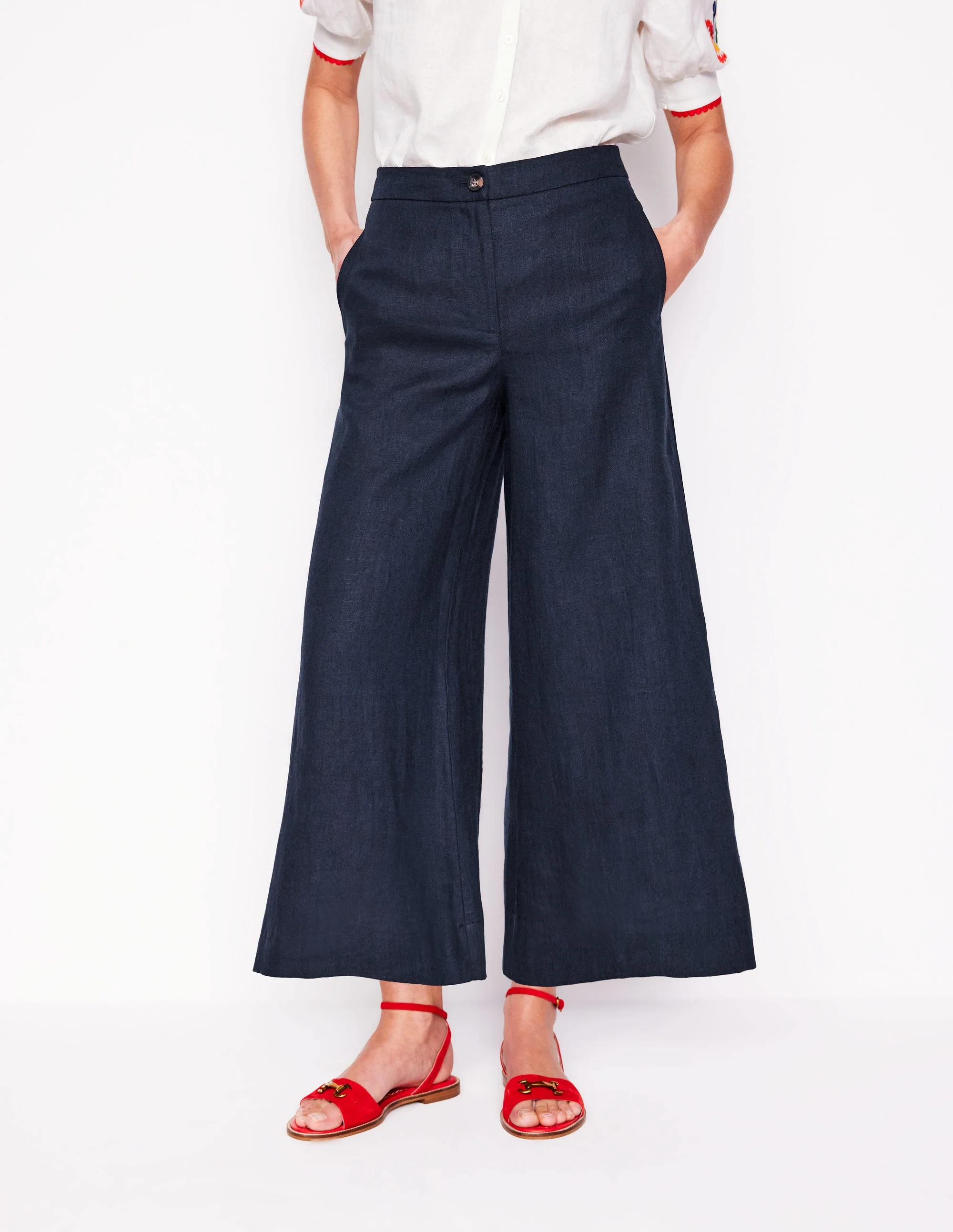 Wide Crop Linen Trousers-Navy - Image 5