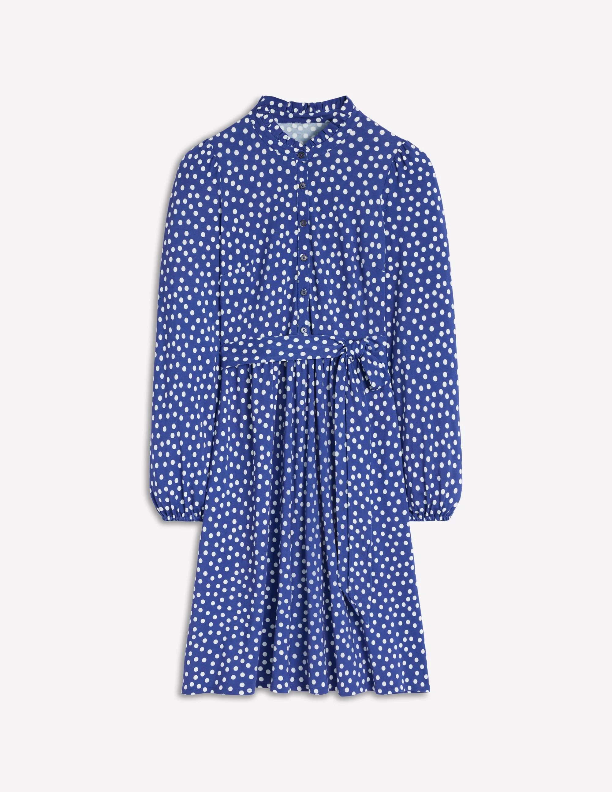 Willow Ruffle Neck Shirt Dress-Bright Blue, Dot - Image 5