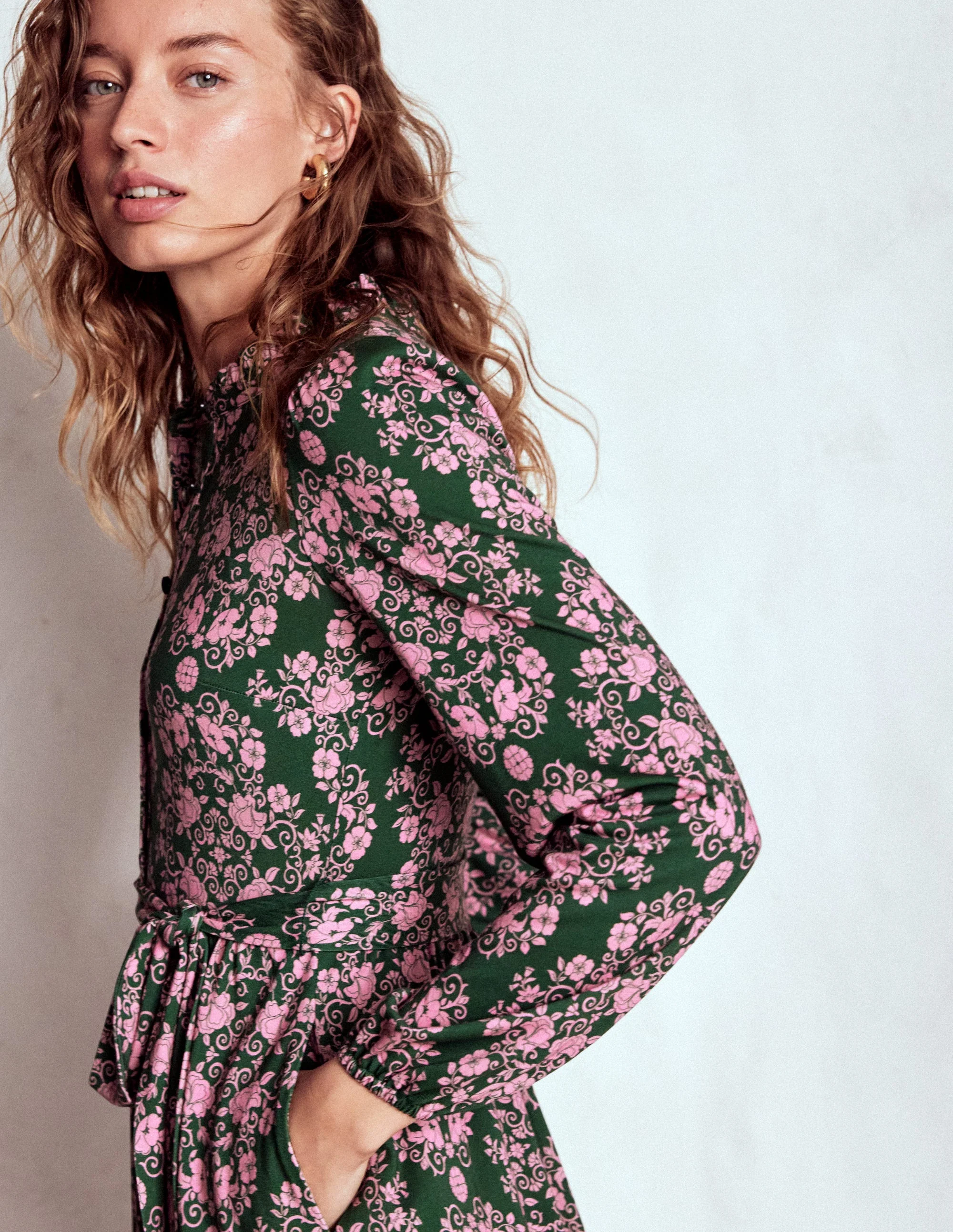 Willow Ruffle Neck Shirt Dress-Green, Ornamental Lattice - Image 2
