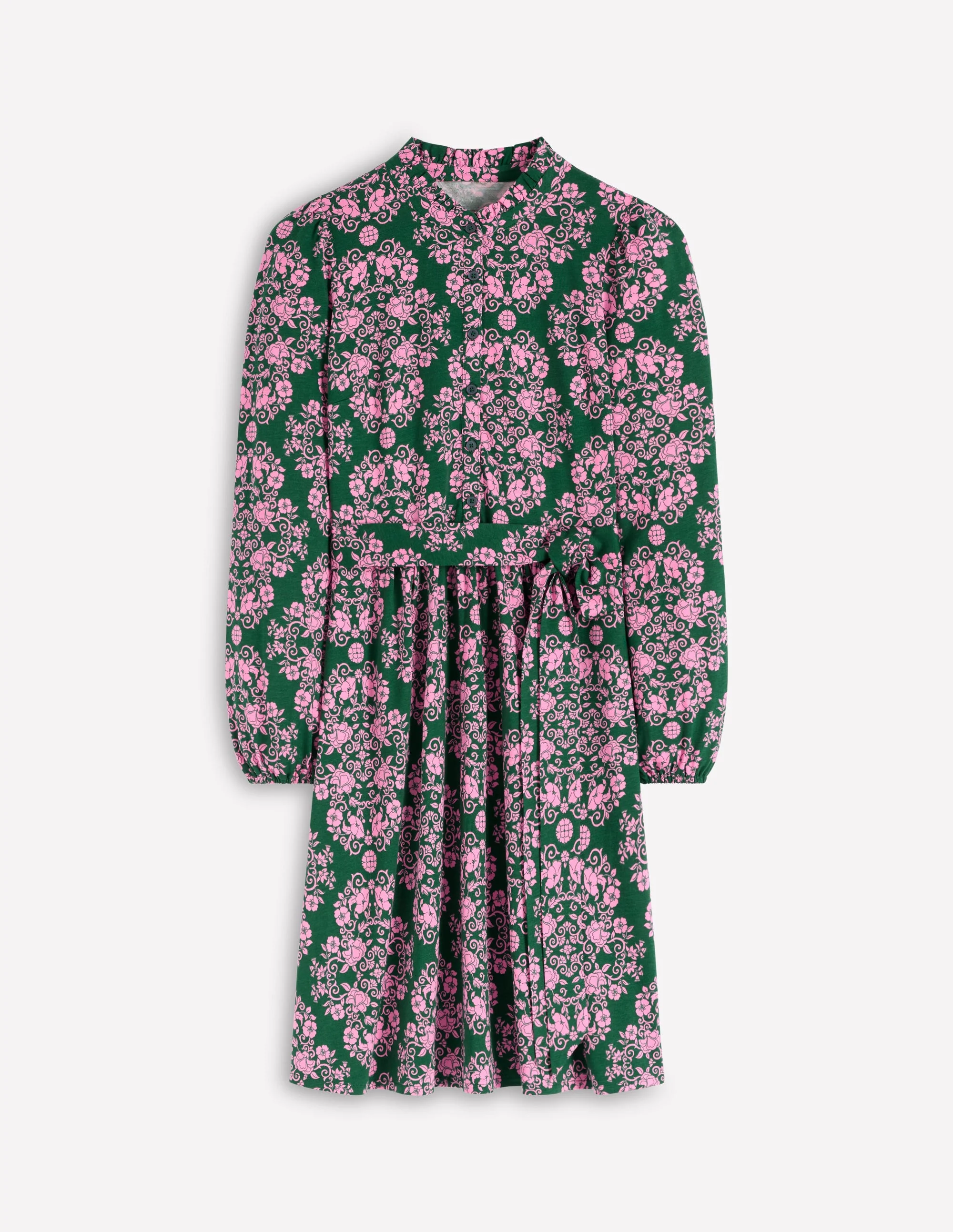 Willow Ruffle Neck Shirt Dress-Green, Ornamental Lattice - Image 5