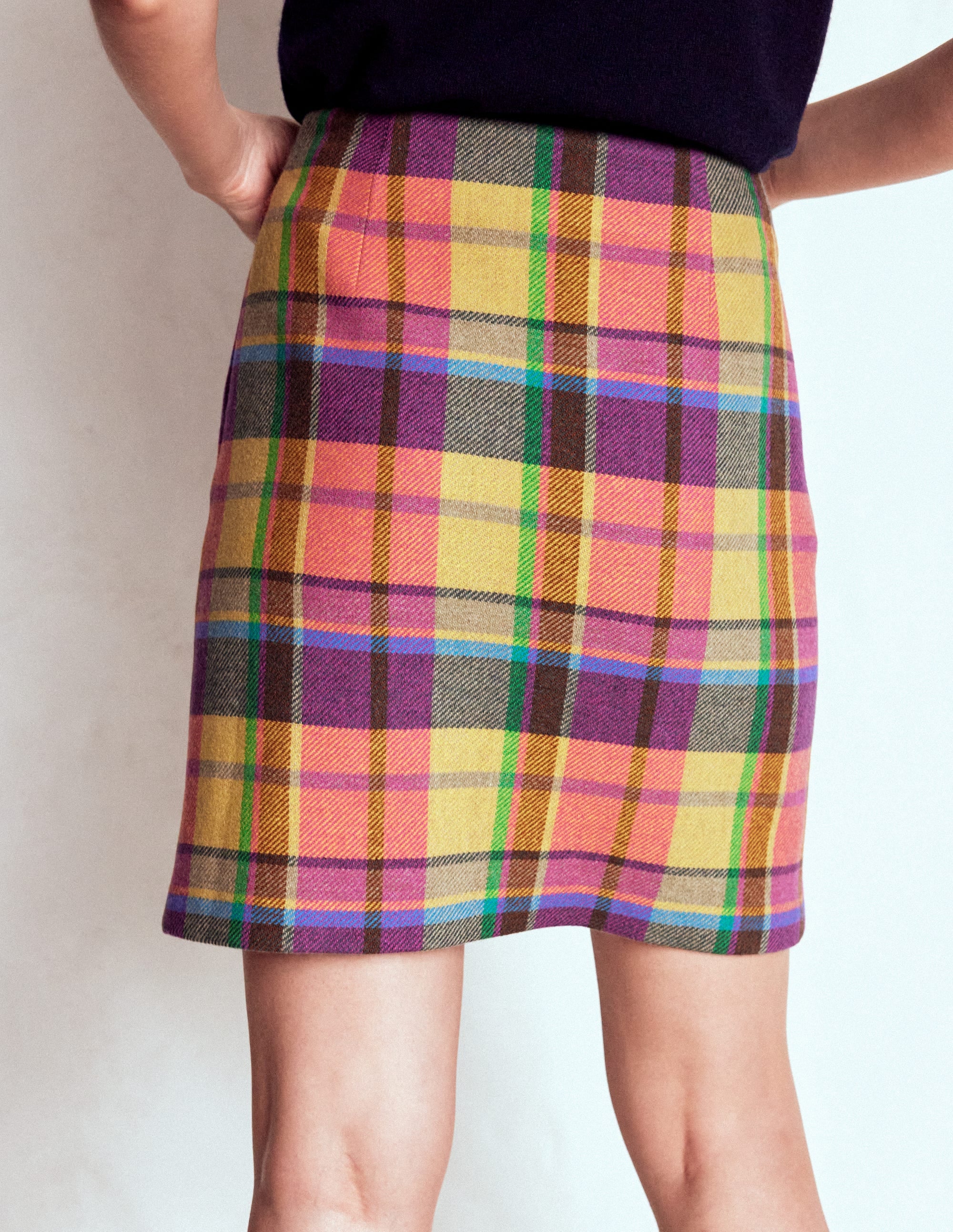 Wool A Line Mini Skirt-Yellow, Pink and Green Check - Image 2