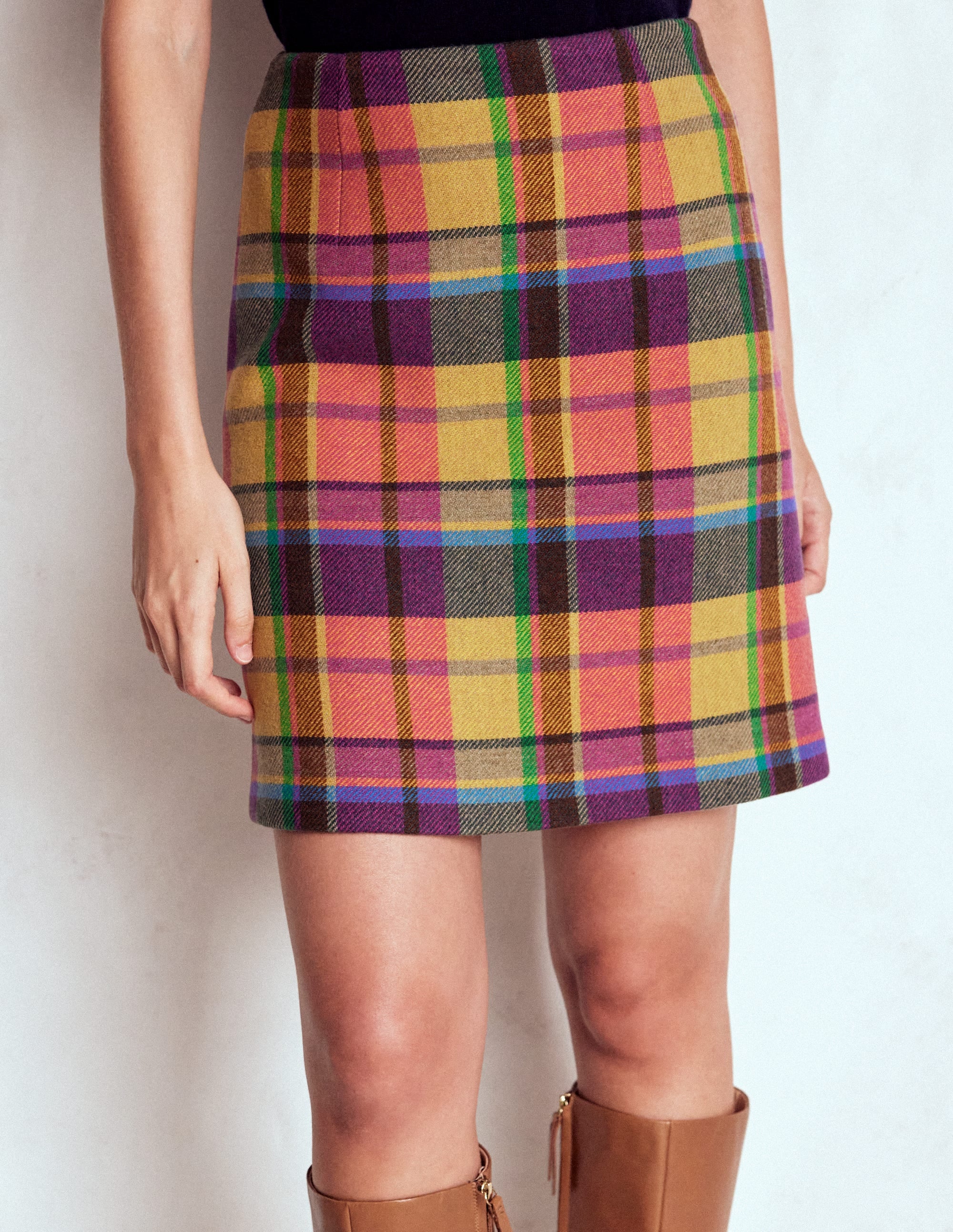 Wool A Line Mini Skirt-Yellow, Pink and Green Check - Image 3