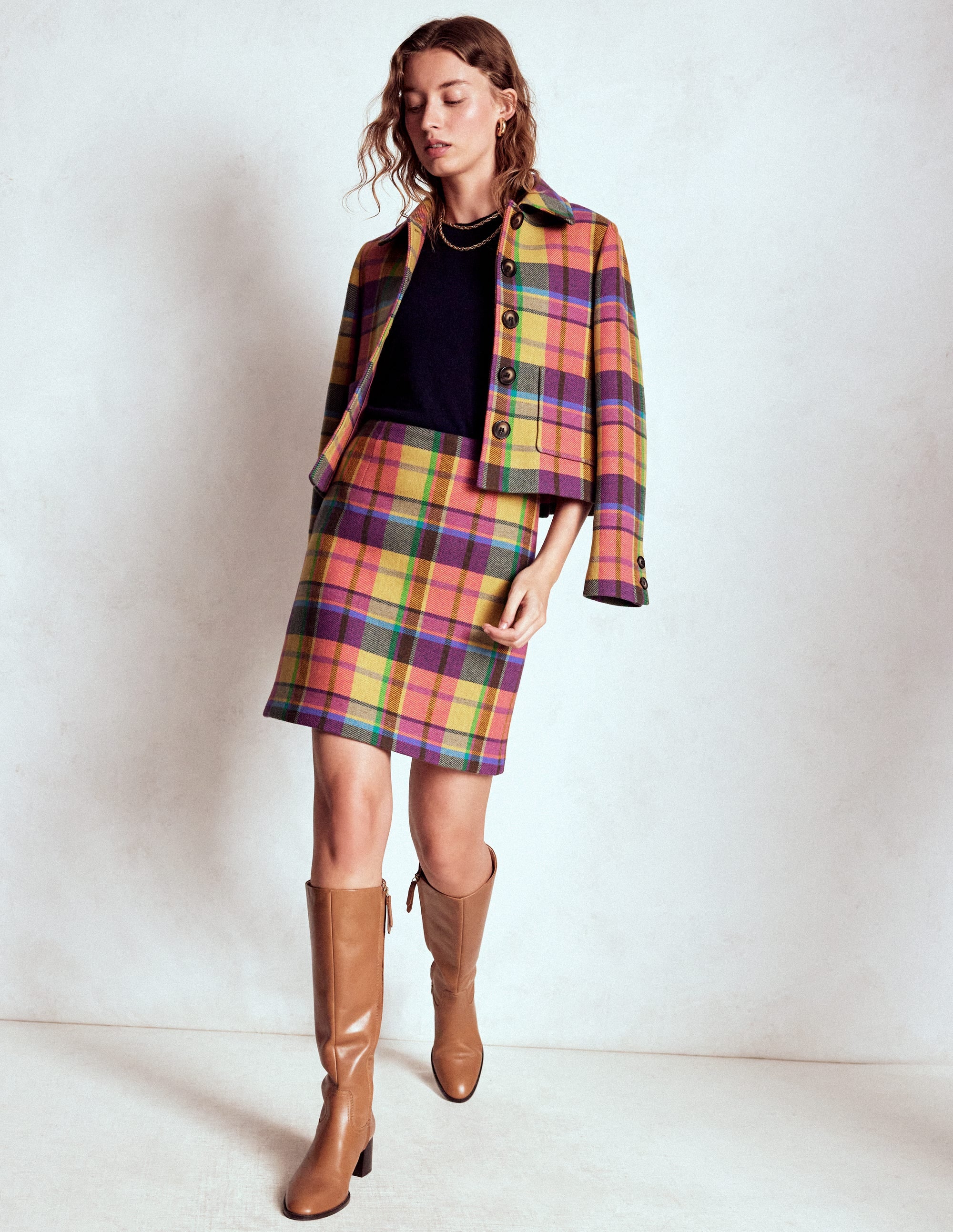 Wool A Line Mini Skirt-Yellow, Pink and Green Check - Image 4